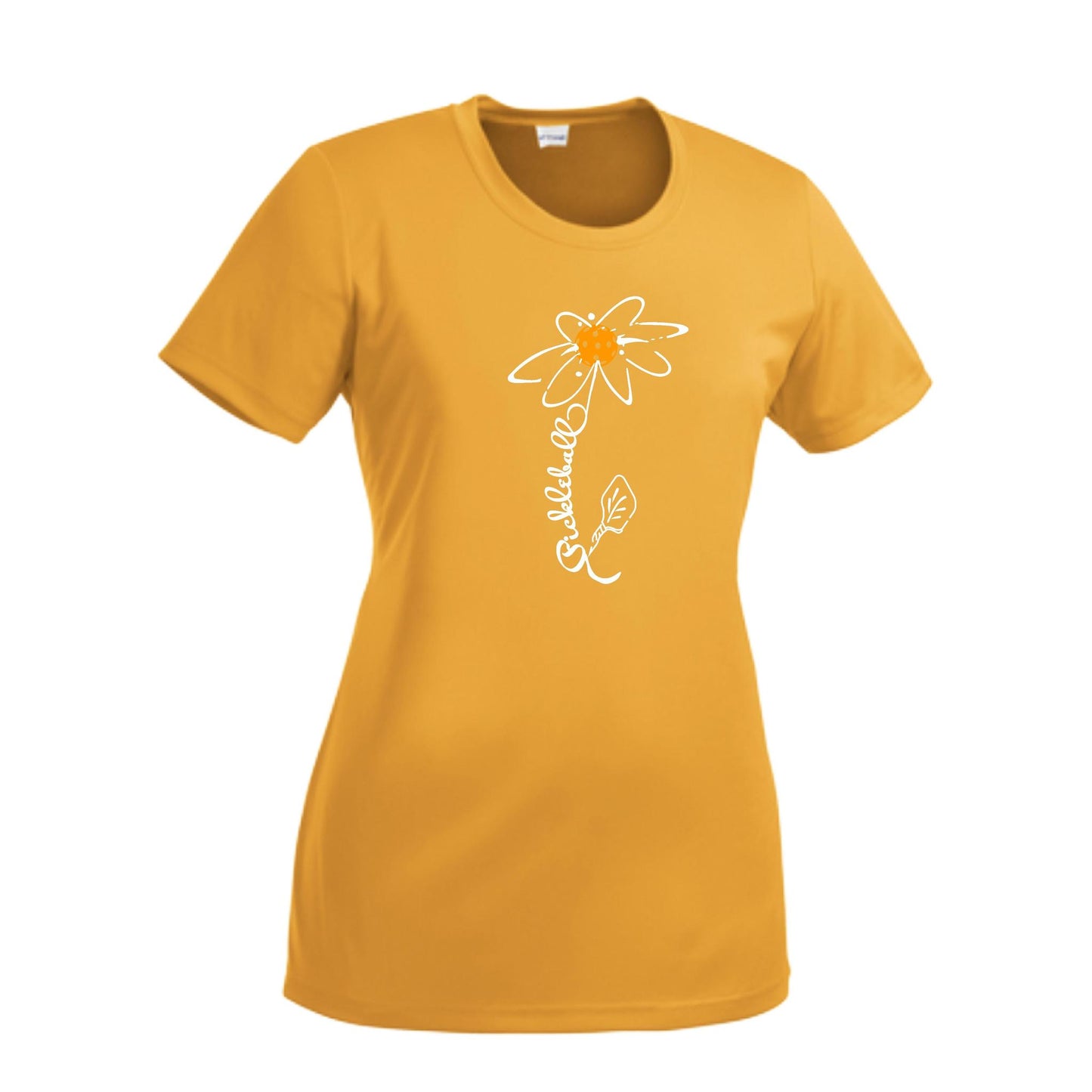 Pickleball Flower (Cyan Green Orange) | Women’s Short Sleeve Crewneck Pickleball Performance T-Shirts | 100% Polyester