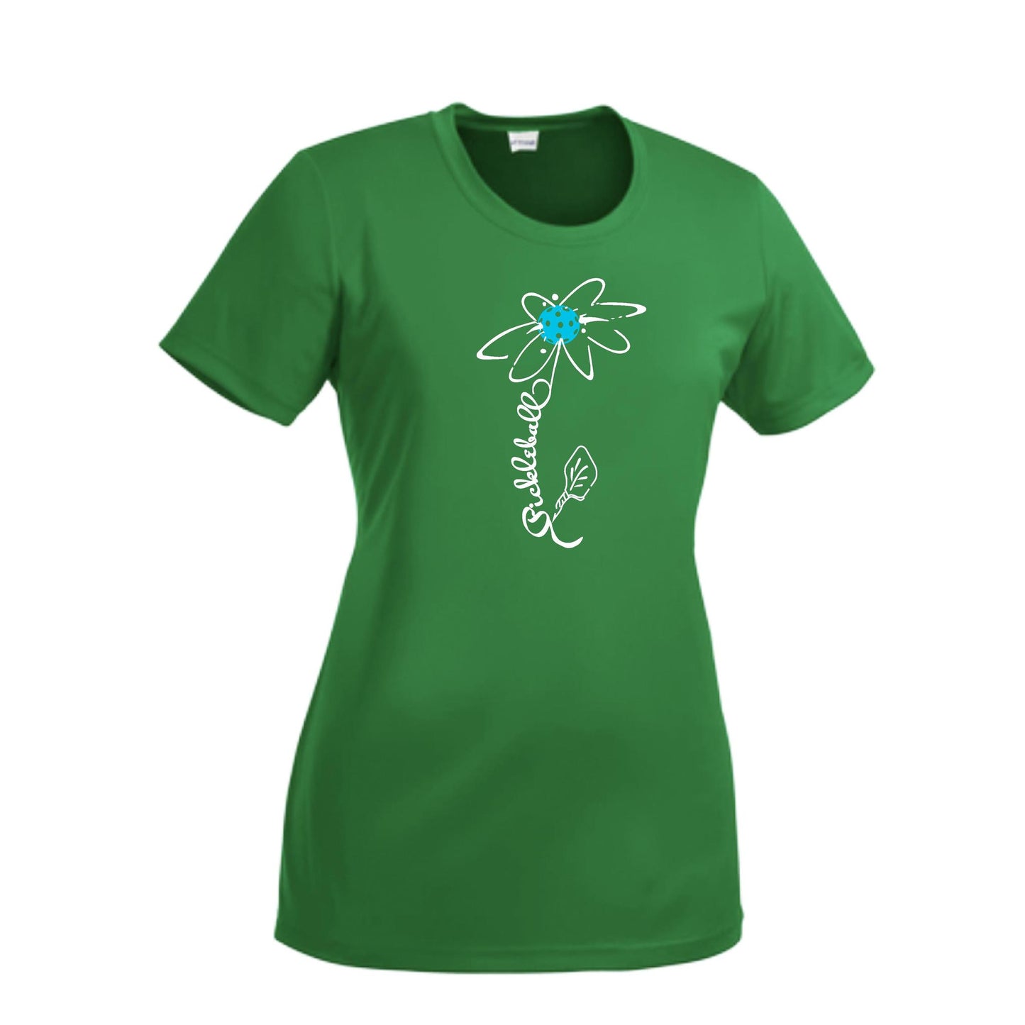 Pickleball Flower (Cyan Green Orange) | Women’s Short Sleeve Crewneck Pickleball Performance T-Shirts | 100% Polyester