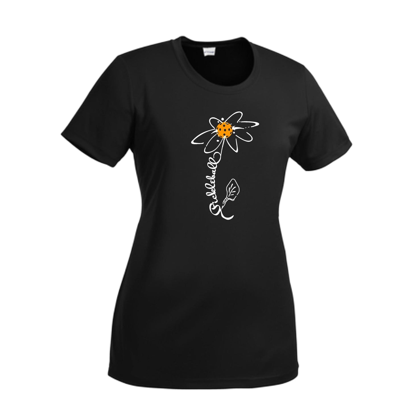 Pickleball Flower (Cyan Green Orange) | Women’s Short Sleeve Crewneck Pickleball Performance T-Shirts | 100% Polyester