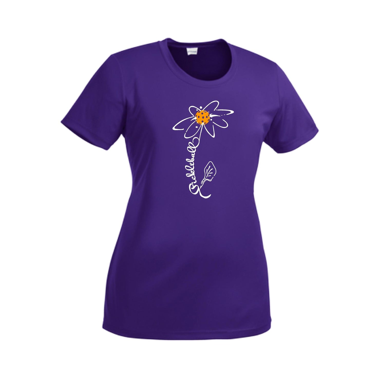Pickleball Flower (Cyan Green Orange) | Women’s Short Sleeve Crewneck Pickleball Performance T-Shirts | 100% Polyester