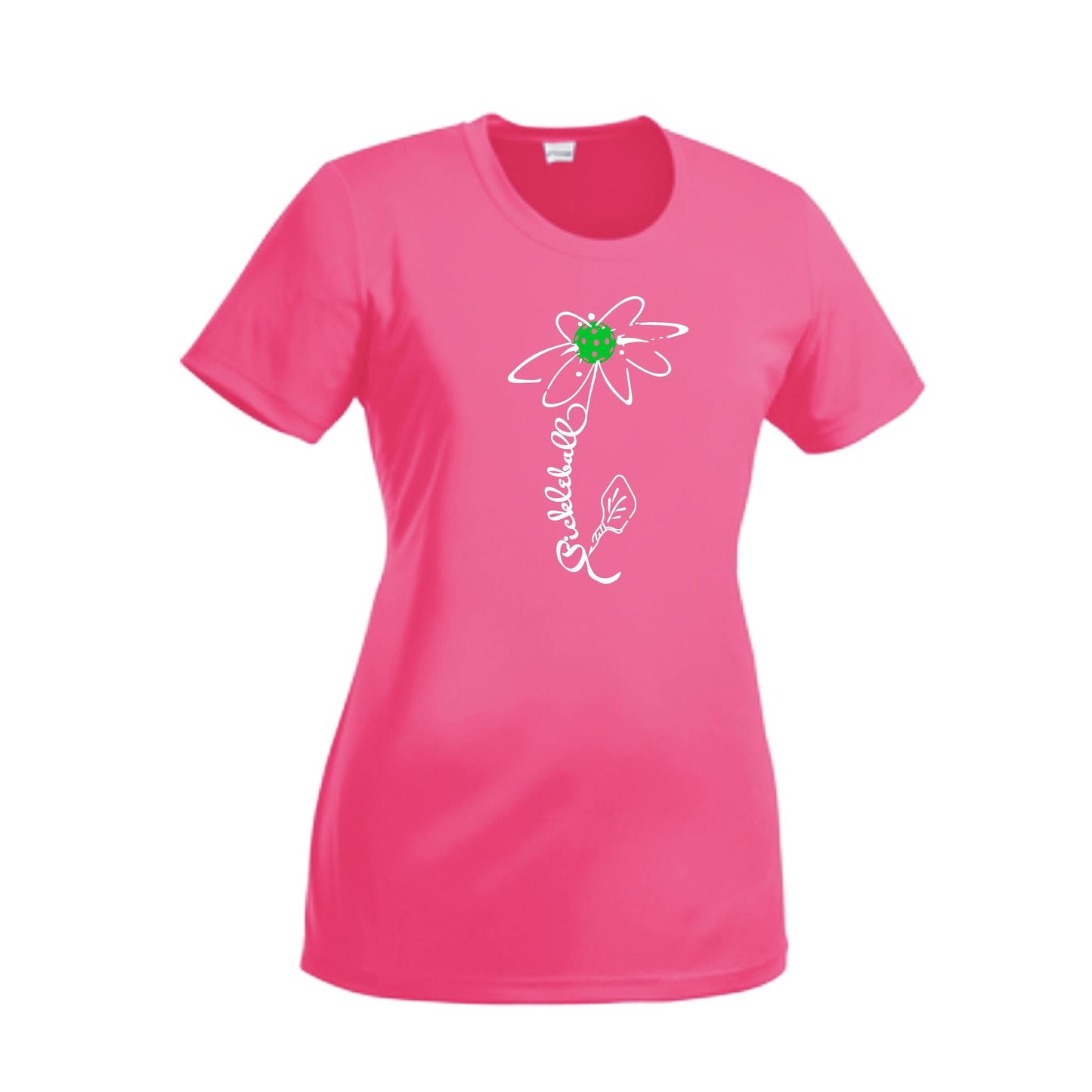Pickleball Flower (Cyan Green Orange) | Women’s Short Sleeve Crewneck Pickleball Performance T-Shirts | 100% Polyester