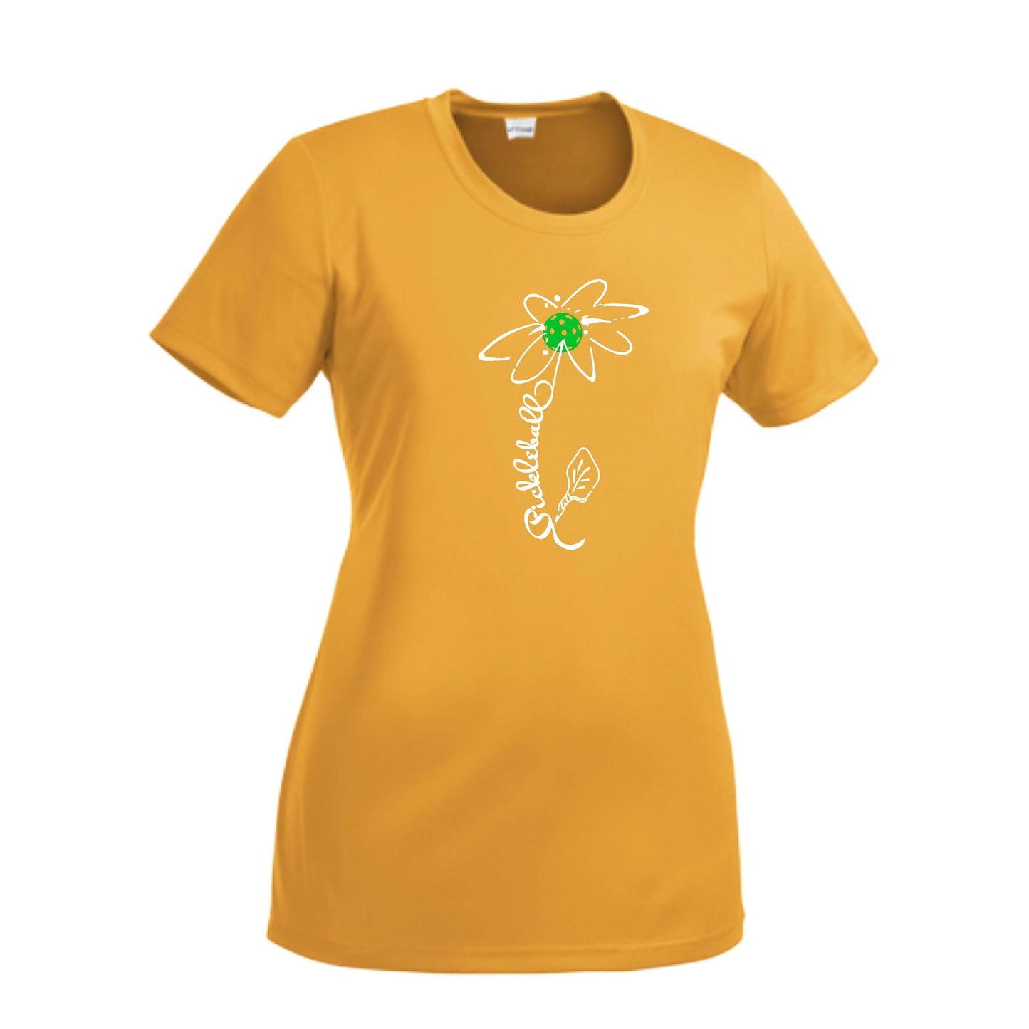 Pickleball Flower (Cyan Green Orange) | Women’s Short Sleeve Crewneck Pickleball Performance T-Shirts | 100% Polyester