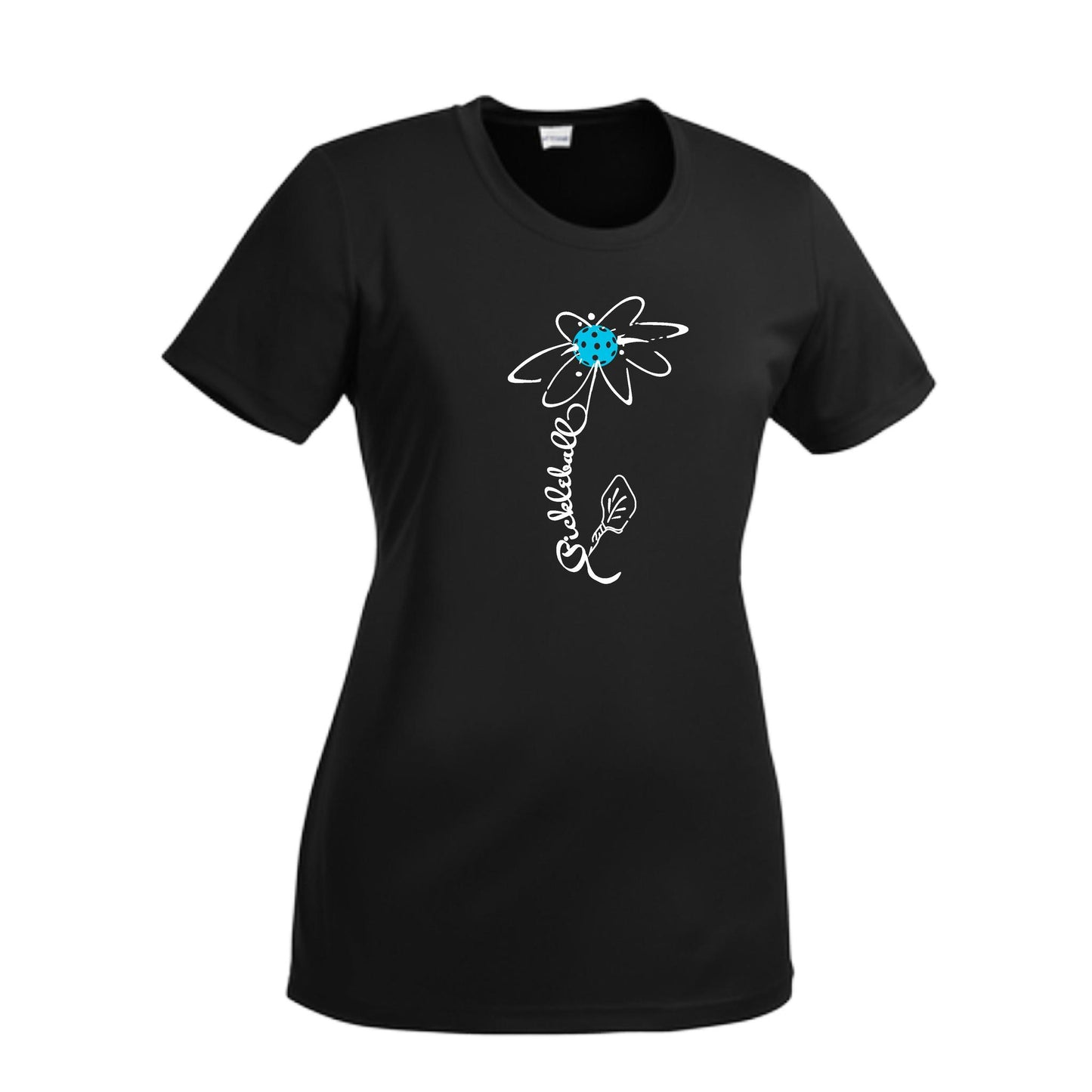 Pickleball Flower (Cyan Green Orange) | Women’s Short Sleeve Crewneck Pickleball Performance T-Shirts | 100% Polyester