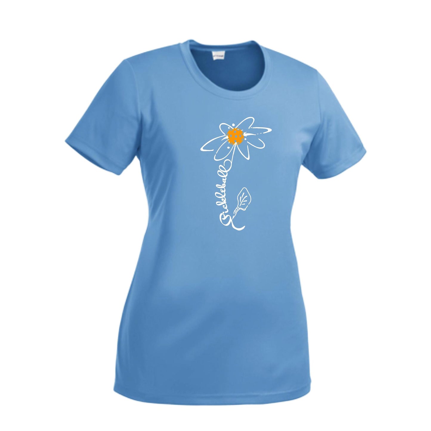 Pickleball Flower (Cyan Green Orange) | Women’s Short Sleeve Crewneck Pickleball Performance T-Shirts | 100% Polyester