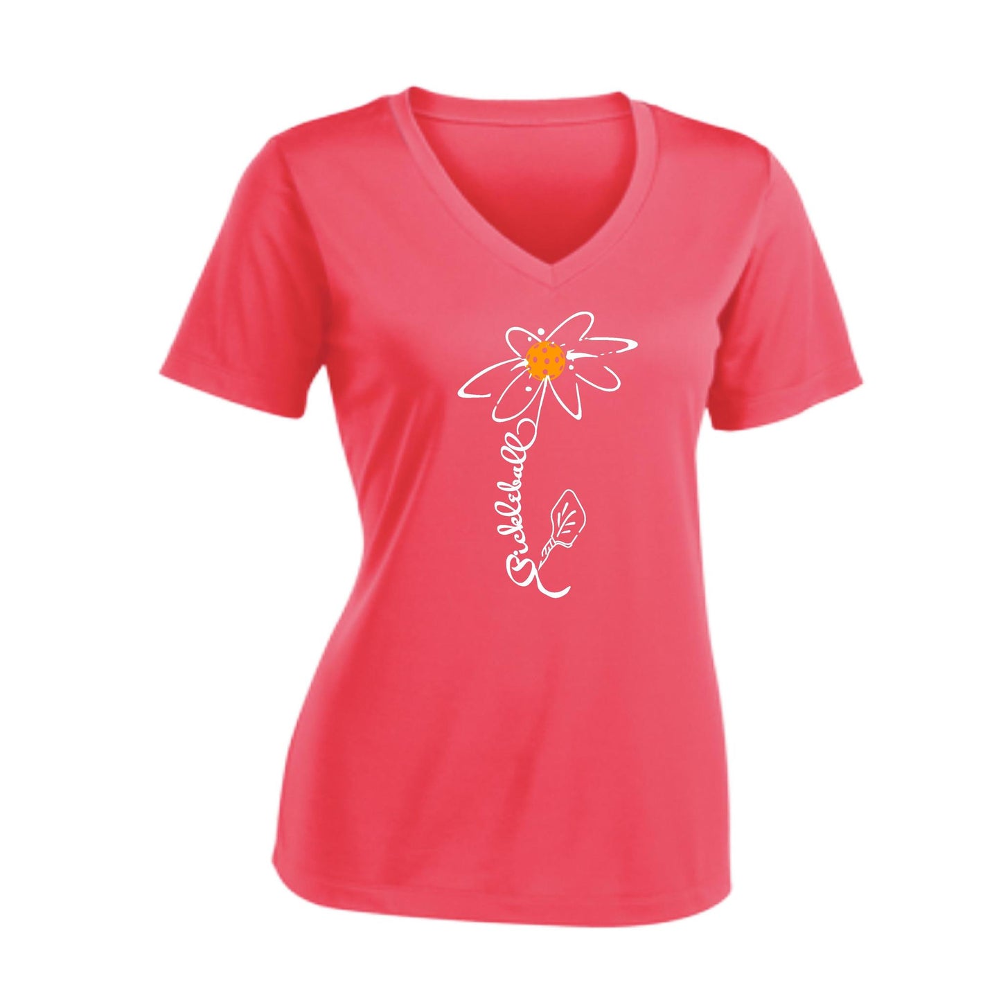 Pickleball Flower (Cyan Green Orange) | Women's Short Sleeve V-Neck Pickleball Performance T-Shirts | 100% Polyester