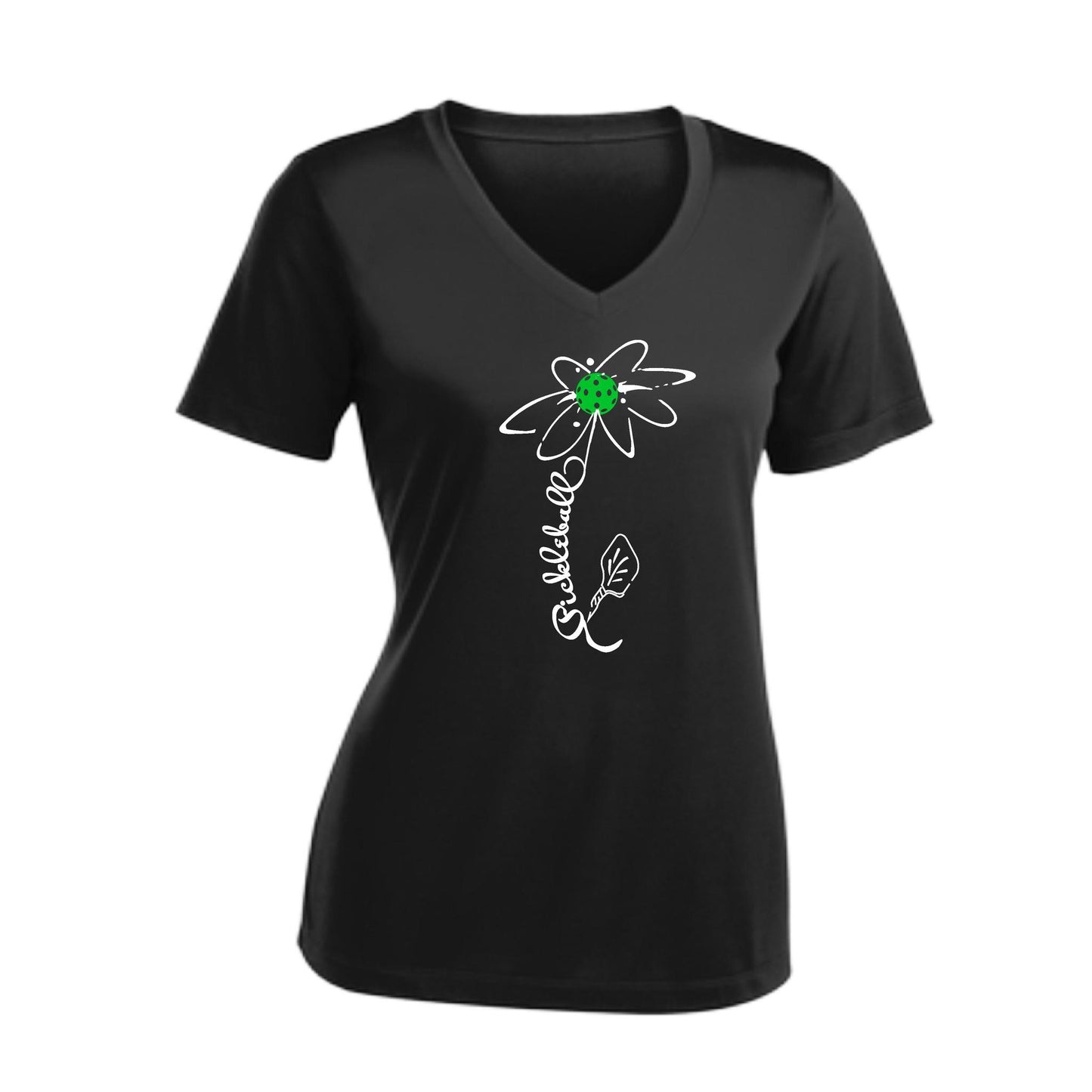 Pickleball Flower (Cyan Green Orange) | Women's Short Sleeve V-Neck Pickleball Performance T-Shirts | 100% Polyester