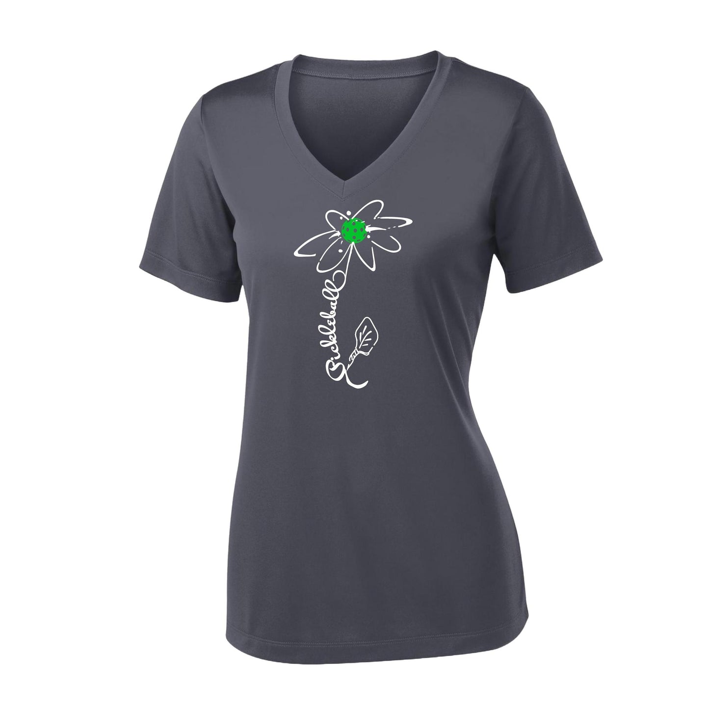 Pickleball Flower (Cyan Green Orange) | Women's Short Sleeve V-Neck Pickleball Performance T-Shirts | 100% Polyester