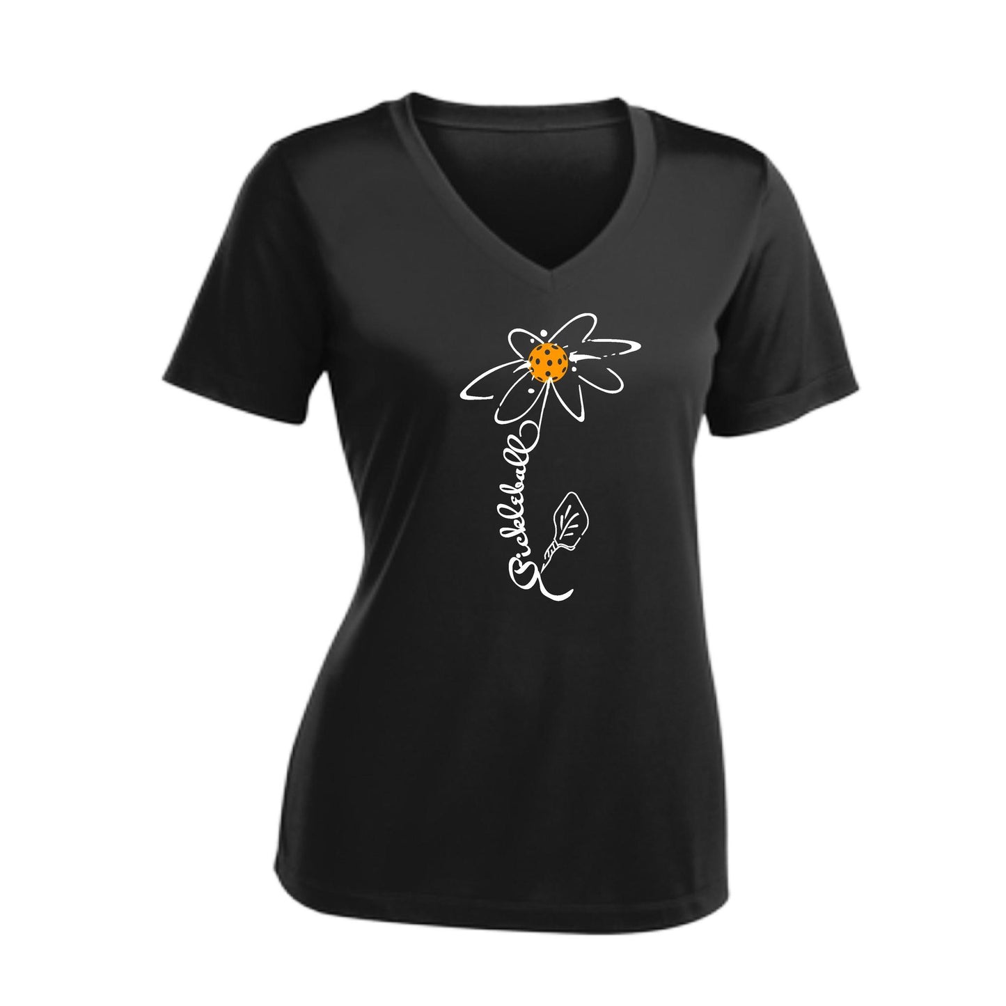 Pickleball Flower (Cyan Green Orange) | Women's Short Sleeve V-Neck Pickleball Performance T-Shirts | 100% Polyester