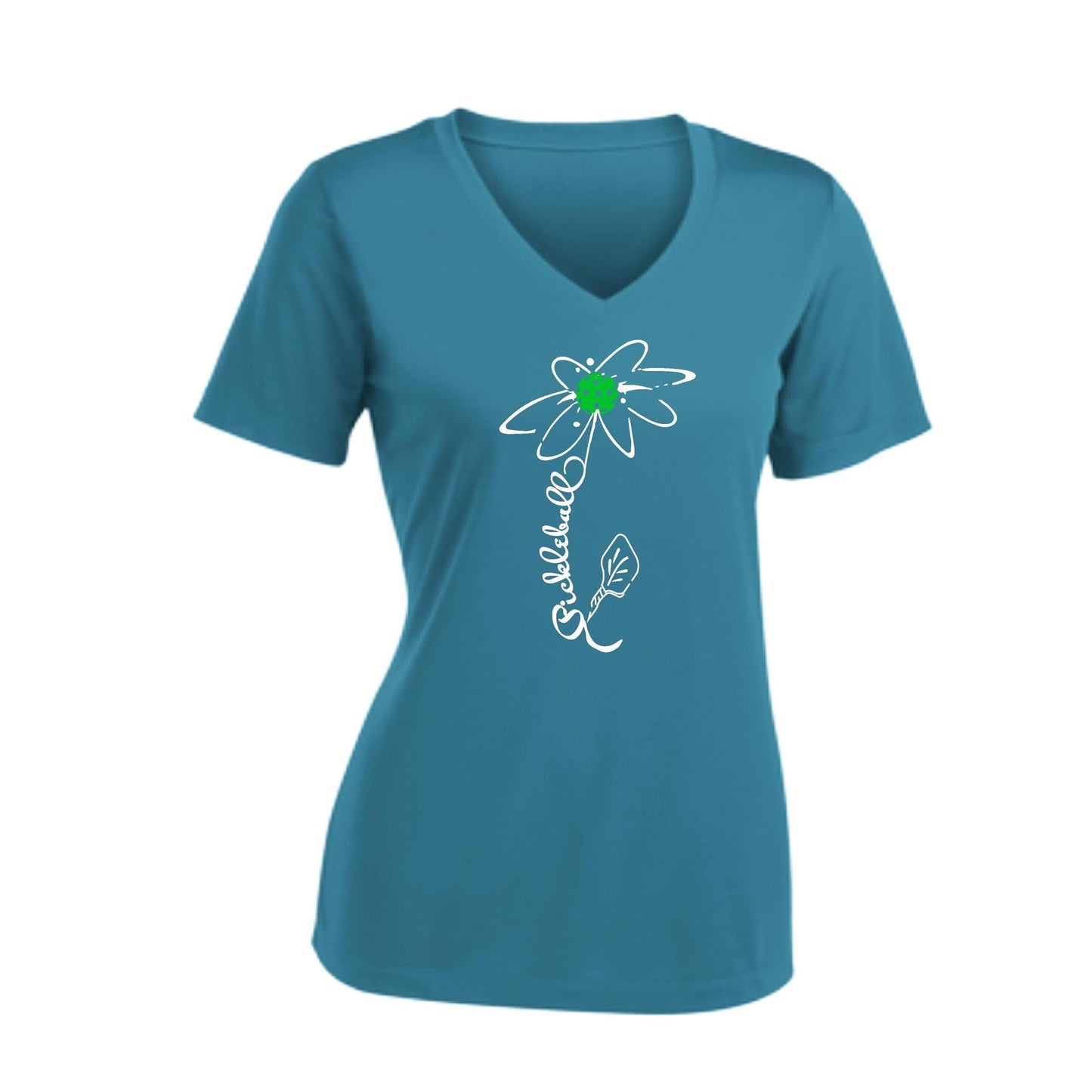 Pickleball Flower (Cyan Green Orange) | Women's Short Sleeve V-Neck Pickleball Performance T-Shirts | 100% Polyester