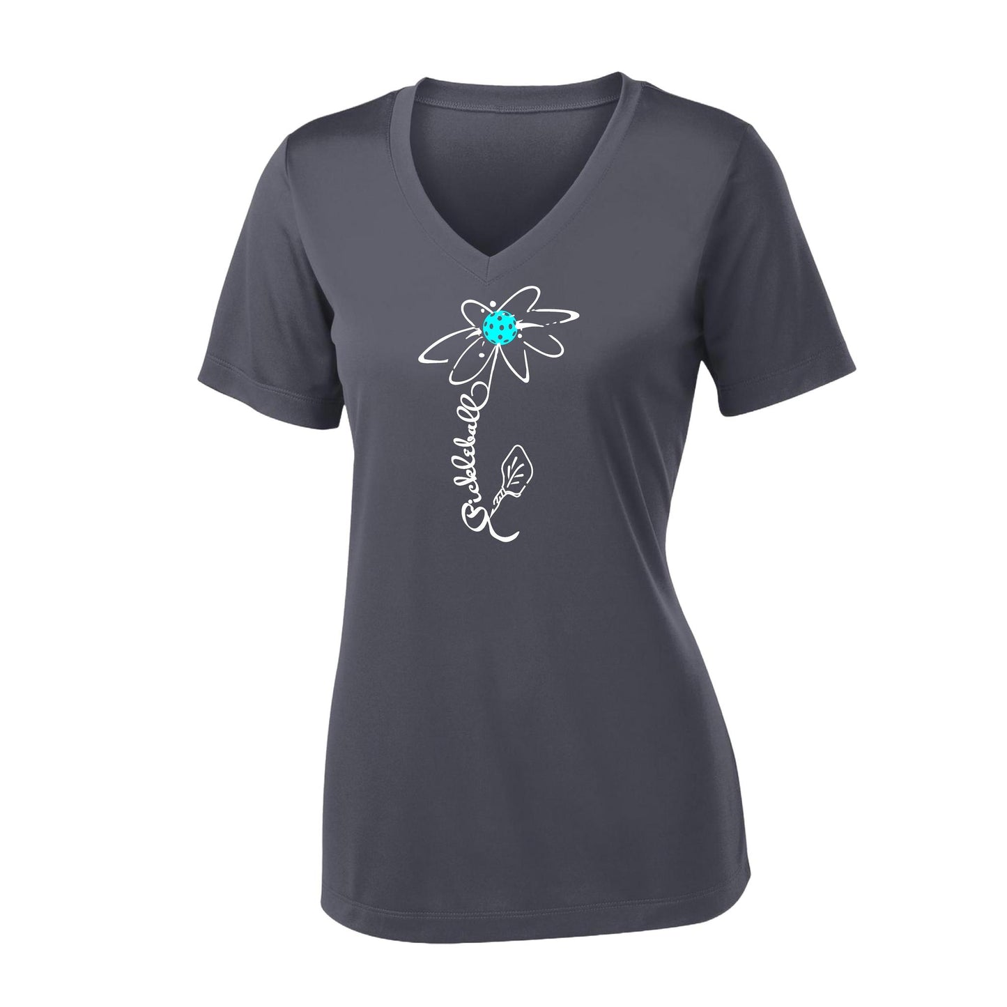 Pickleball Flower (Cyan Green Orange) | Women's Short Sleeve V-Neck Pickleball Performance T-Shirts | 100% Polyester