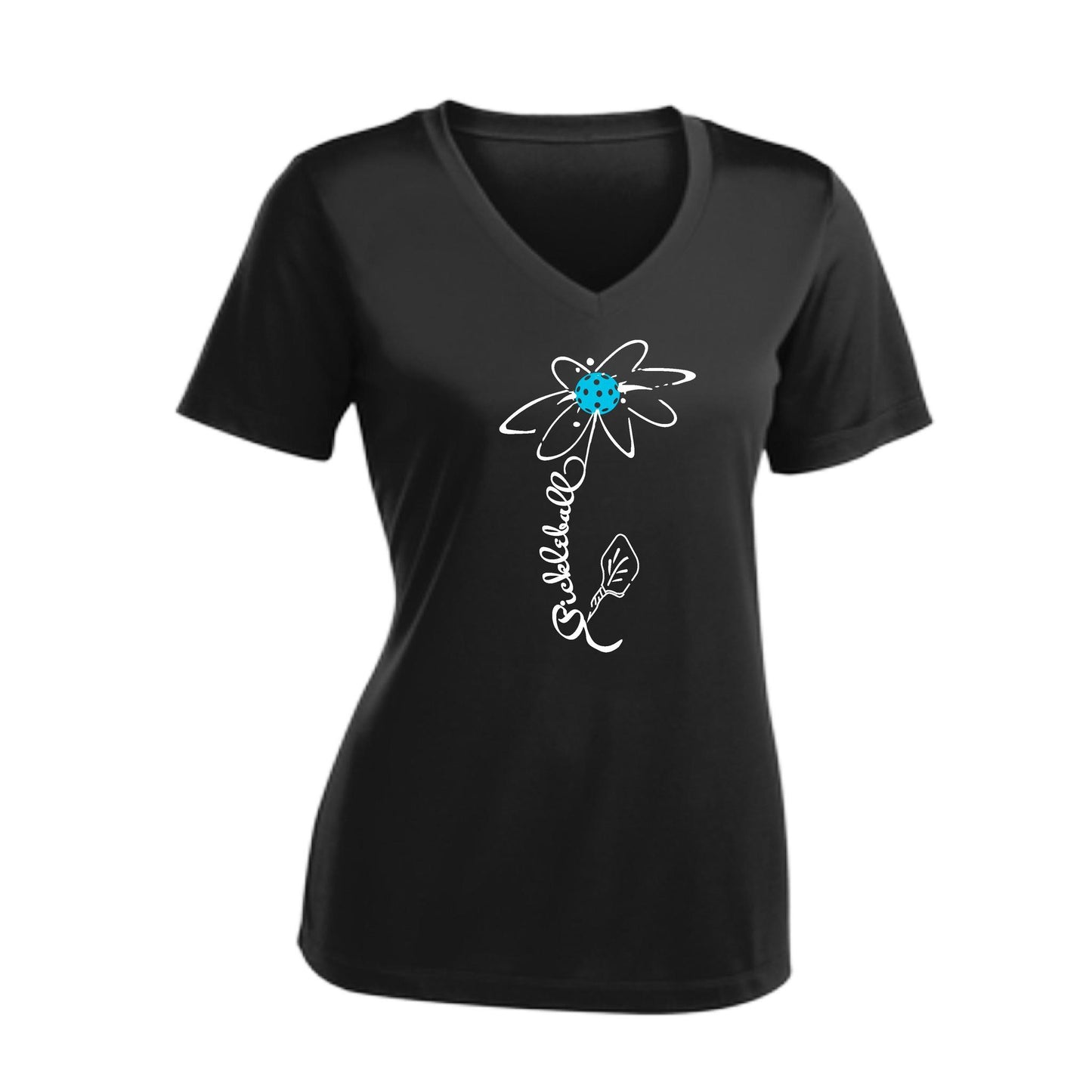 Pickleball Flower (Cyan Green Orange) | Women's Short Sleeve V-Neck Pickleball Performance T-Shirts | 100% Polyester