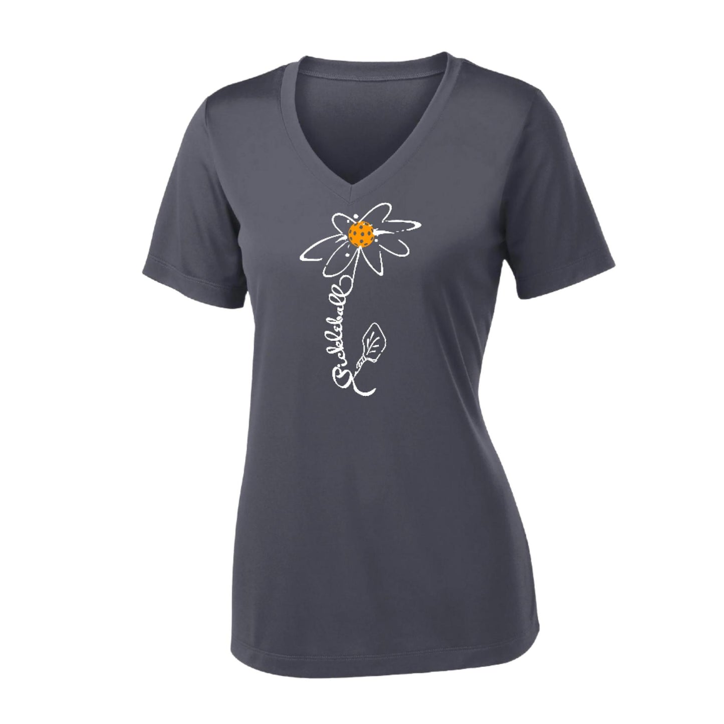 Pickleball Flower (Cyan Green Orange) | Women's Short Sleeve V-Neck Pickleball Performance T-Shirts | 100% Polyester