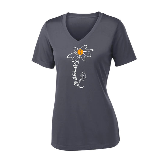 Pickleball Flower (Cyan Green Orange) | Women's Short Sleeve V-Neck Pickleball Performance T-Shirts | 100% Polyester