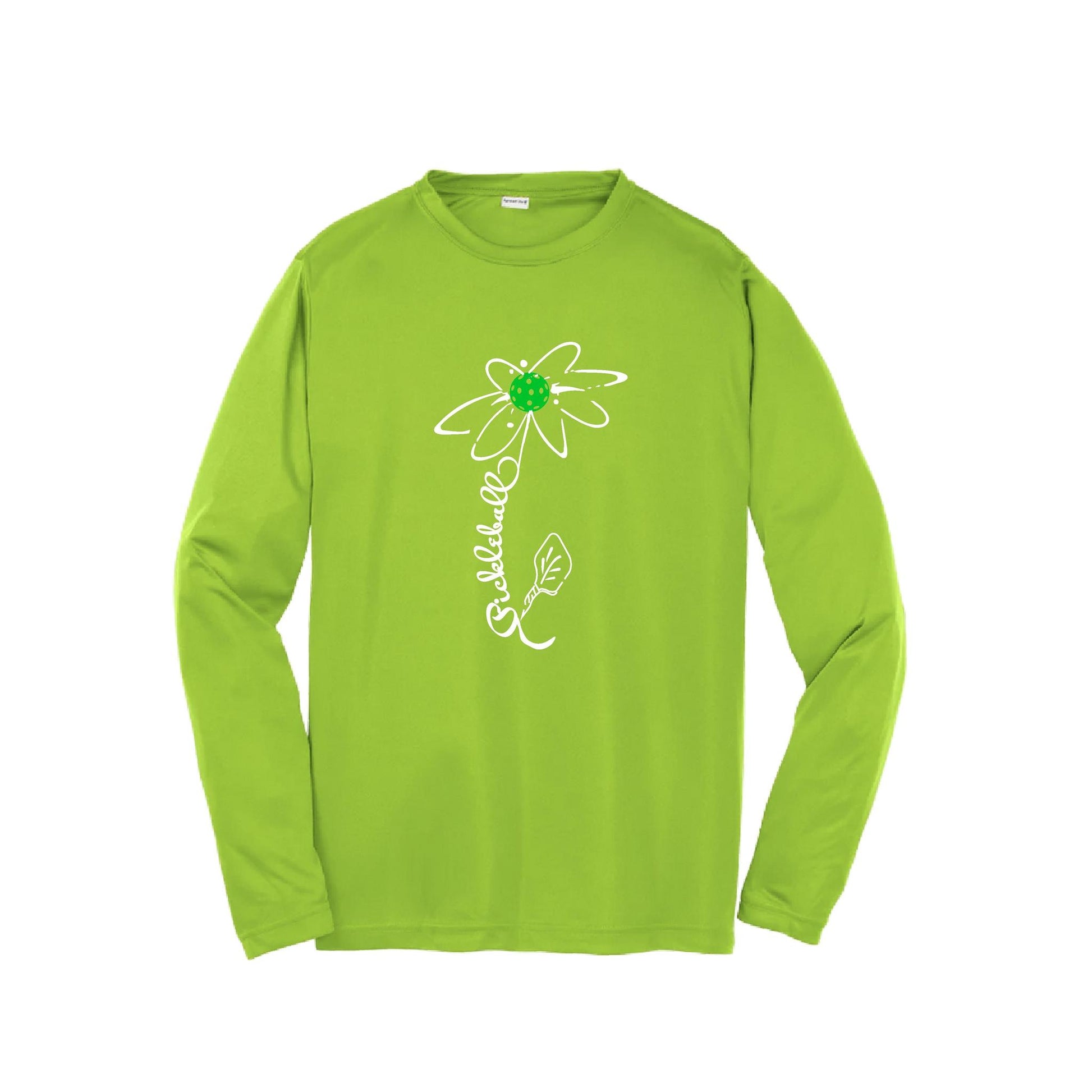 Pickleball Flower (Cyan Green Orange) | Youth Long Sleeve Pickleball Performance T-Shirts | 100% Polyester