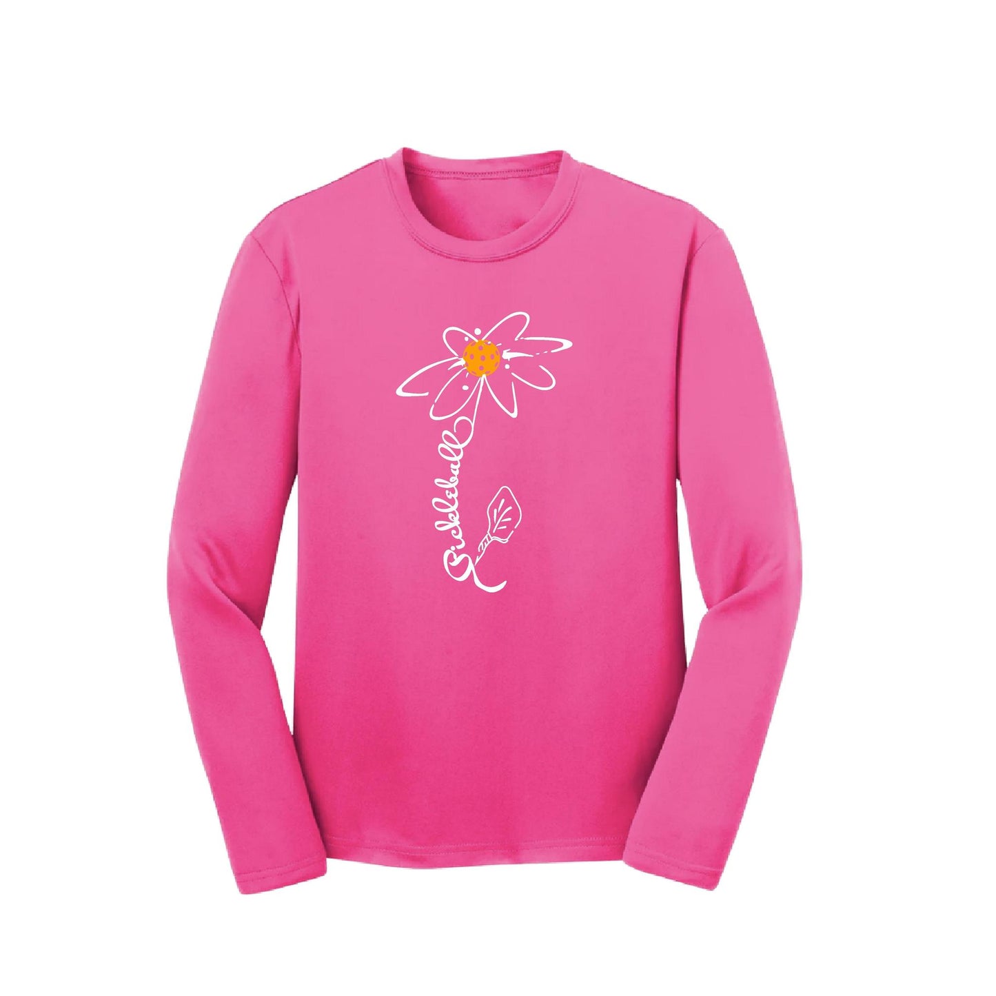 Pickleball Flower (Cyan Green Orange) | Youth Long Sleeve Pickleball Performance T-Shirts | 100% Polyester