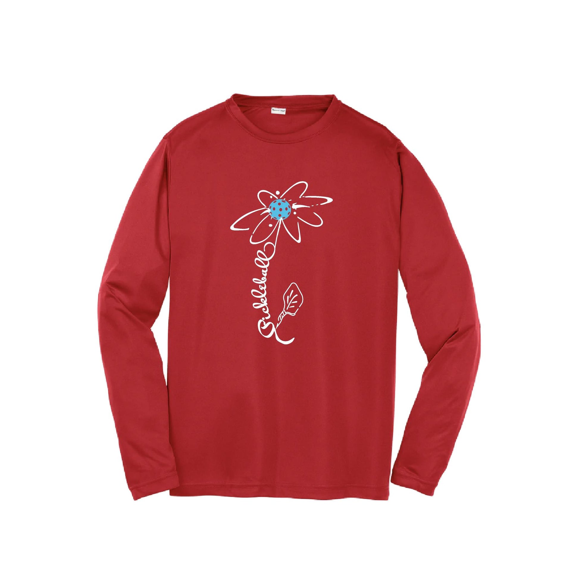 Pickleball Flower (Cyan Green Orange) | Youth Long Sleeve Pickleball Performance T-Shirts | 100% Polyester