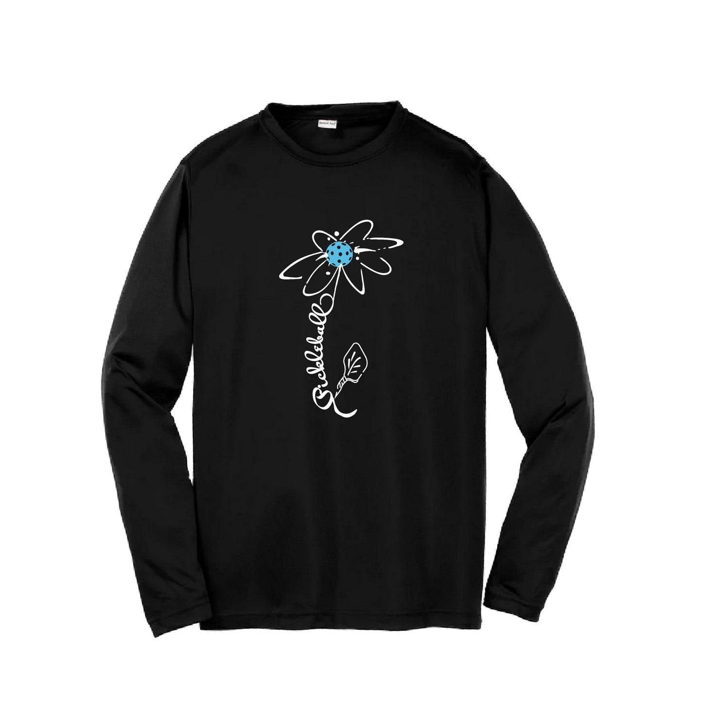 Pickleball Flower (Cyan Green Orange) | Youth Long Sleeve Pickleball Performance T-Shirts | 100% Polyester