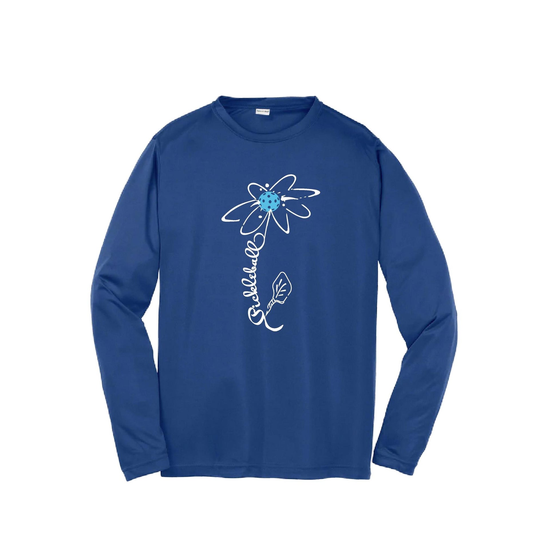 Pickleball Flower (Cyan Green Orange) | Youth Long Sleeve Pickleball Performance T-Shirts | 100% Polyester