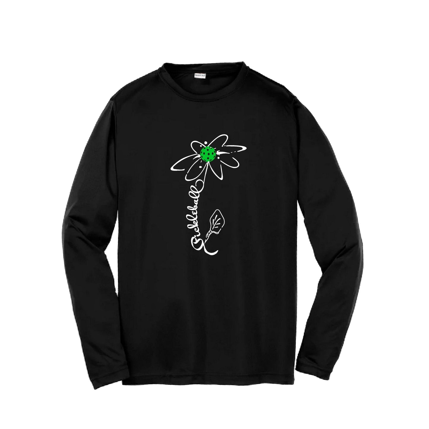 Pickleball Flower (Cyan Green Orange) | Youth Long Sleeve Pickleball Performance T-Shirts | 100% Polyester