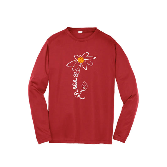 Pickleball Flower (Cyan Green Orange) | Youth Long Sleeve Pickleball Performance T-Shirts | 100% Polyester