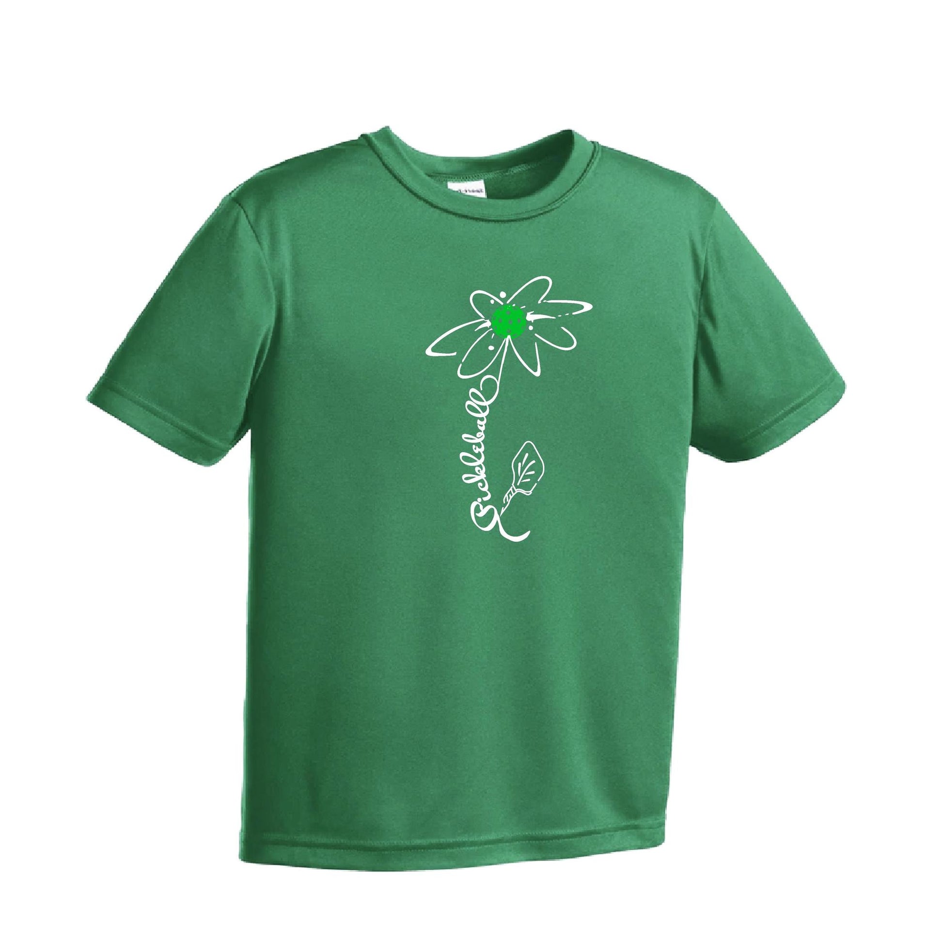 Pickleball Flower (Cyan Green Orange) | Youth Short Sleeve Pickleball Performance T-Shirts | 100% Polyester