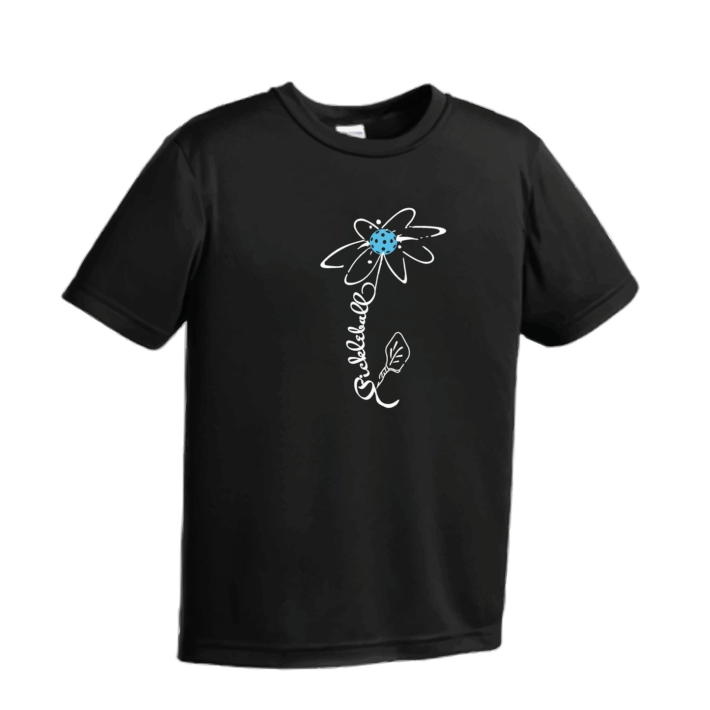 Pickleball Flower (Cyan Green Orange) | Youth Short Sleeve Pickleball Performance T-Shirts | 100% Polyester