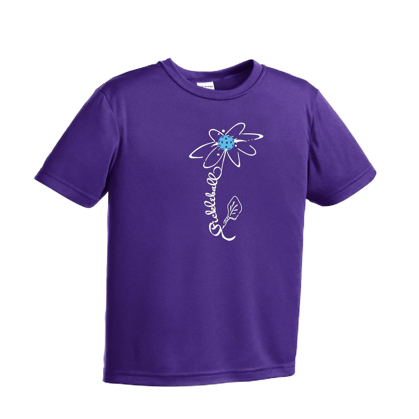 Pickleball Flower (Cyan Green Orange) | Youth Short Sleeve Pickleball Performance T-Shirts | 100% Polyester