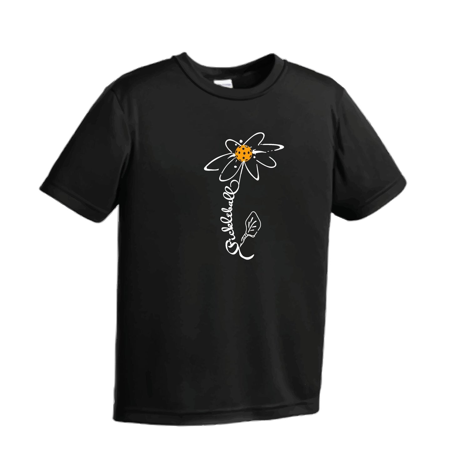 Pickleball Flower (Cyan Green Orange) | Youth Short Sleeve Pickleball Performance T-Shirts | 100% Polyester