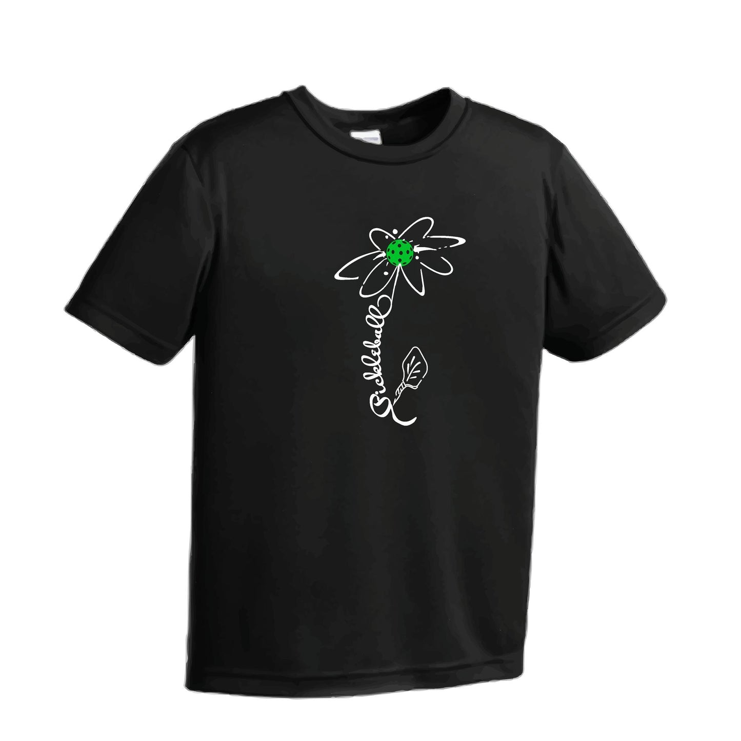 Pickleball Flower (Cyan Green Orange) | Youth Short Sleeve Pickleball Performance T-Shirts | 100% Polyester
