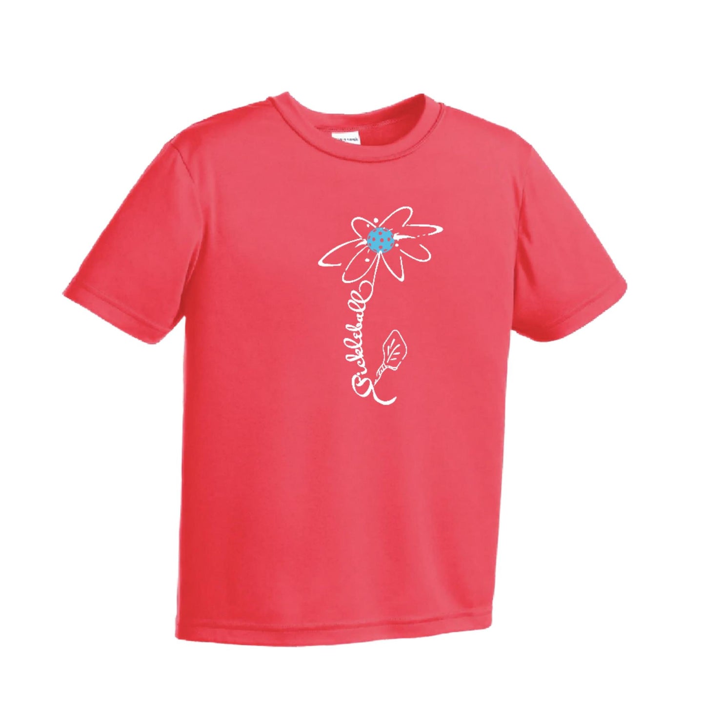 Pickleball Flower (Cyan Green Orange) | Youth Short Sleeve Pickleball Performance T-Shirts | 100% Polyester