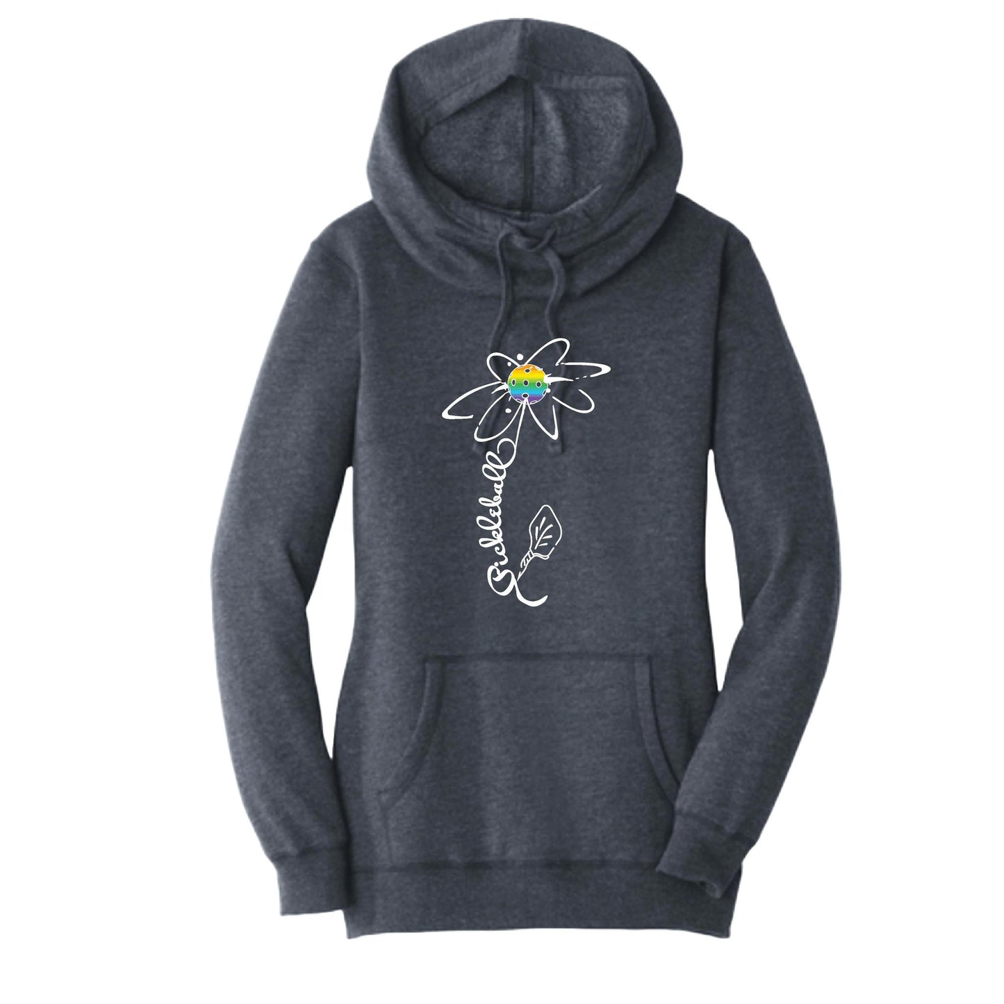 Pickleball Flower (Pink Purple Rainbow) | Women’s Cowl-Neck Hoodie Pickleball Sweatshirt | 55% Cotton 45% Poly Fleece
