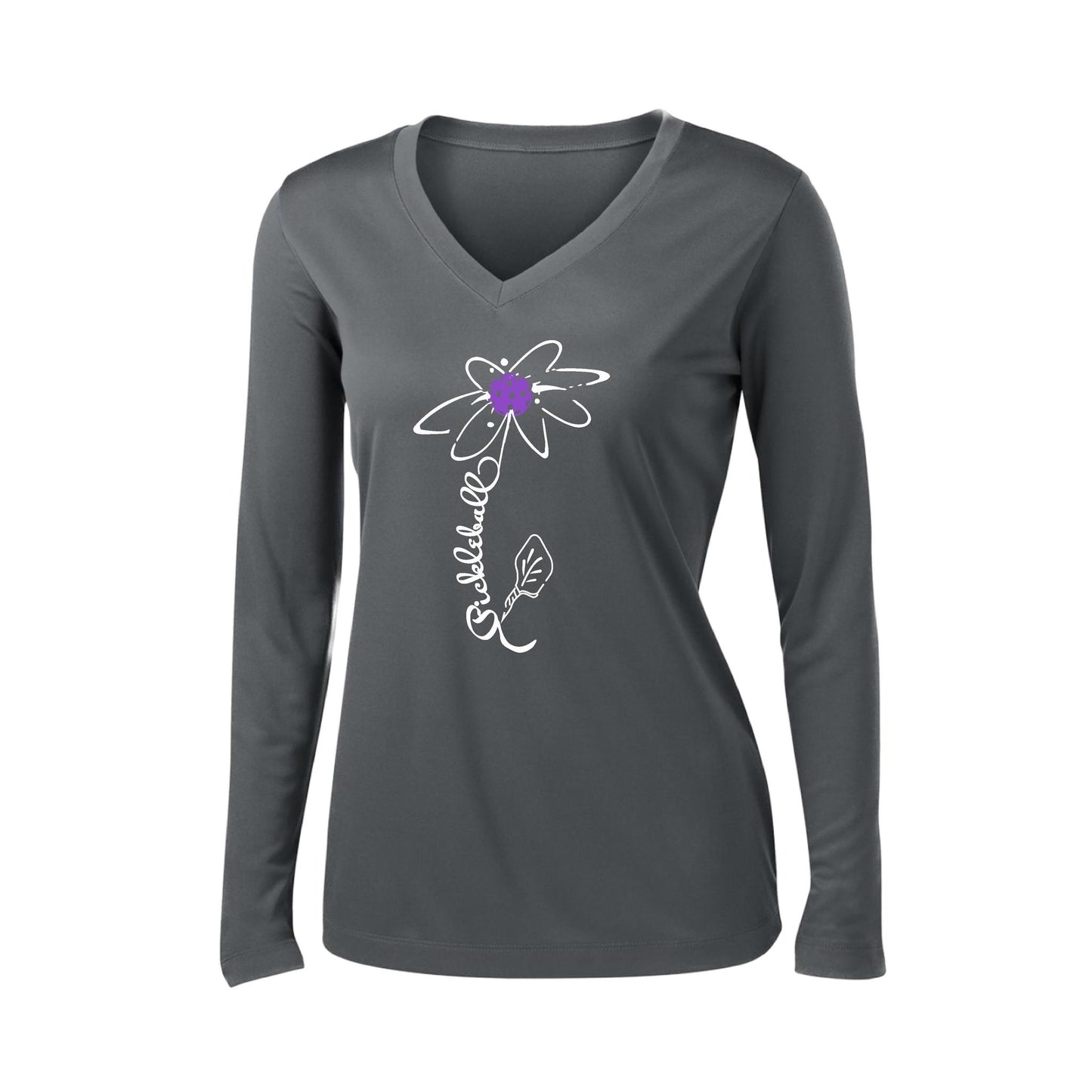 Pickleball Flower (Pink Purple Rainbow) | Women’s Long Sleeve V-Neck Pickleball Performance T-Shirt | 100% Polyester
