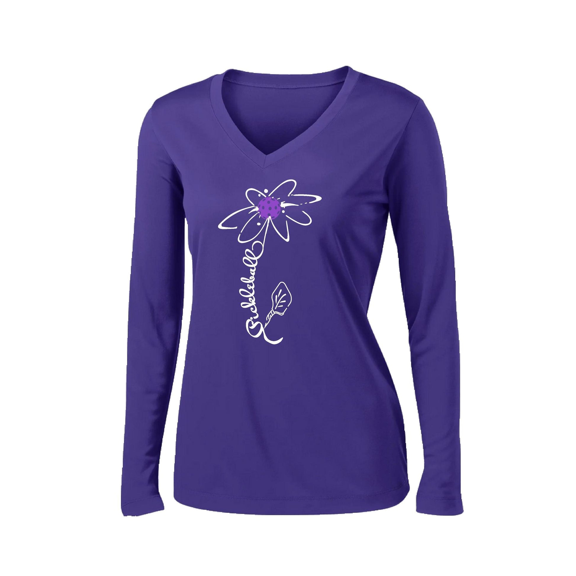 Pickleball Flower (Pink Purple Rainbow) | Women’s Long Sleeve V-Neck Pickleball Performance T-Shirt | 100% Polyester