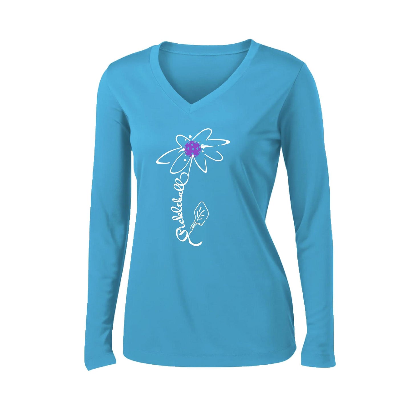 Pickleball Flower (Pink Purple Rainbow) | Women’s Long Sleeve V-Neck Pickleball Performance T-Shirt | 100% Polyester