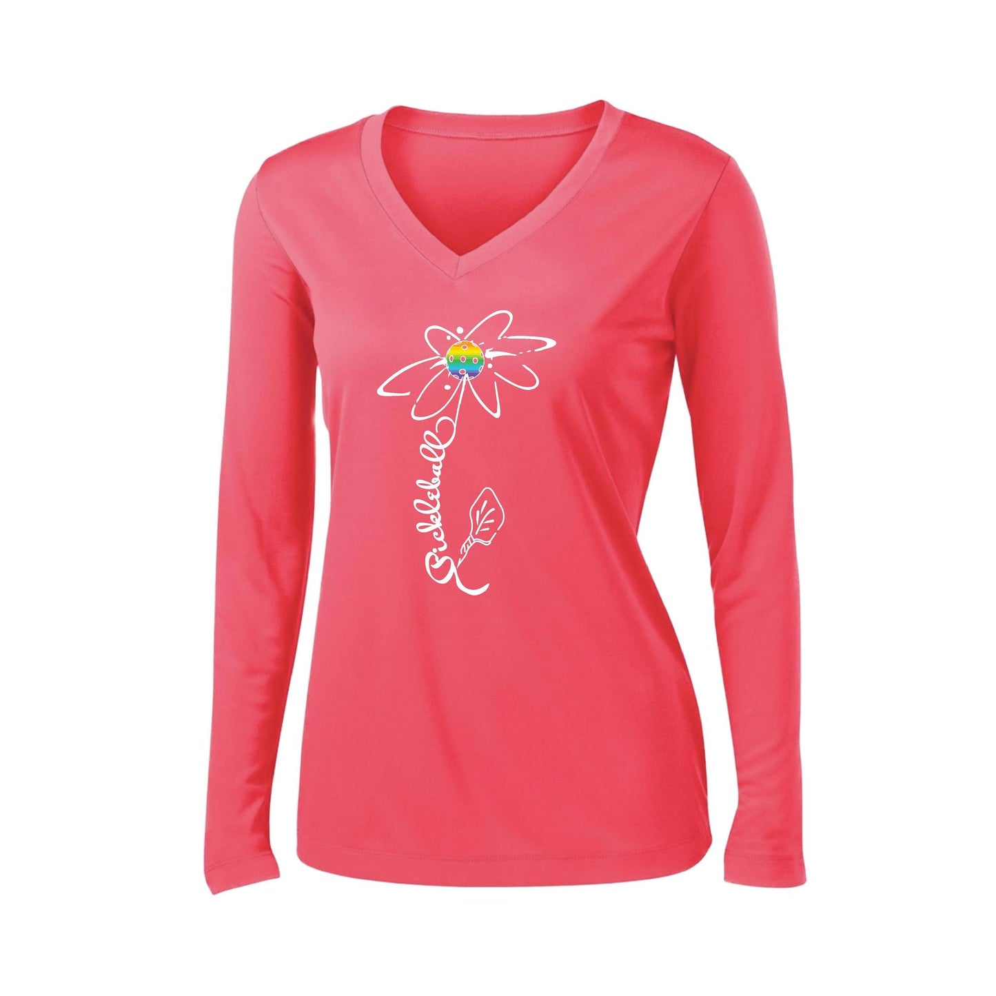 Pickleball Flower (Pink Purple Rainbow) | Women’s Long Sleeve V-Neck Pickleball Performance T-Shirt | 100% Polyester