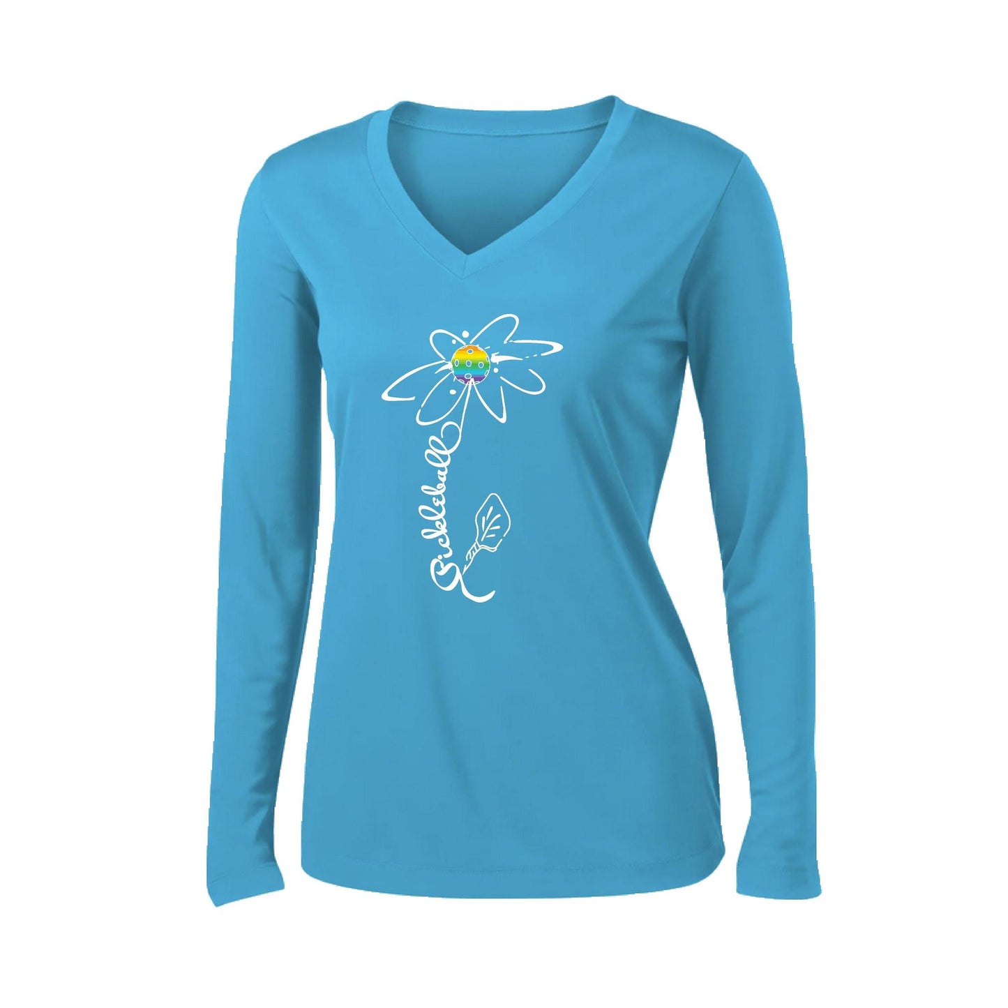 Pickleball Flower (Pink Purple Rainbow) | Women’s Long Sleeve V-Neck Pickleball Performance T-Shirt | 100% Polyester