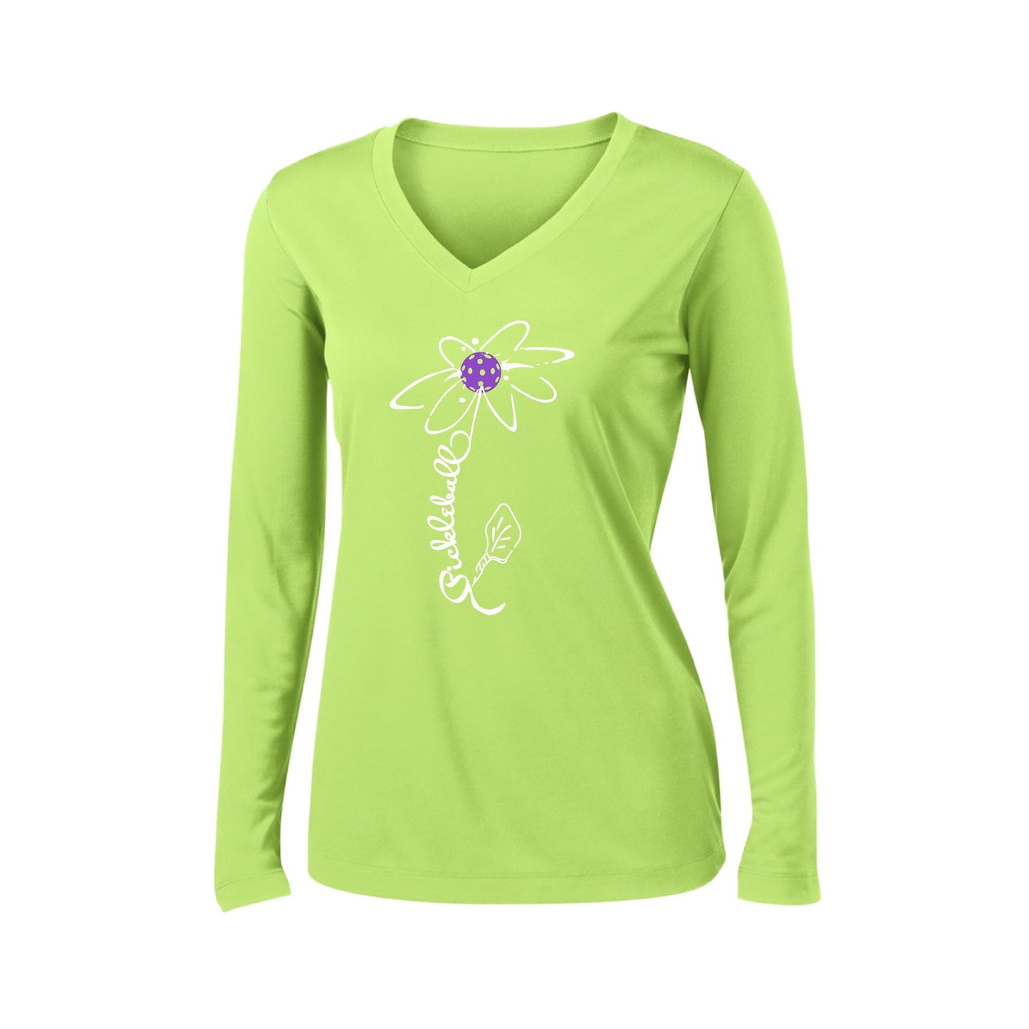 Pickleball Flower (Pink Purple Rainbow) | Women’s Long Sleeve V-Neck Pickleball Performance T-Shirt | 100% Polyester