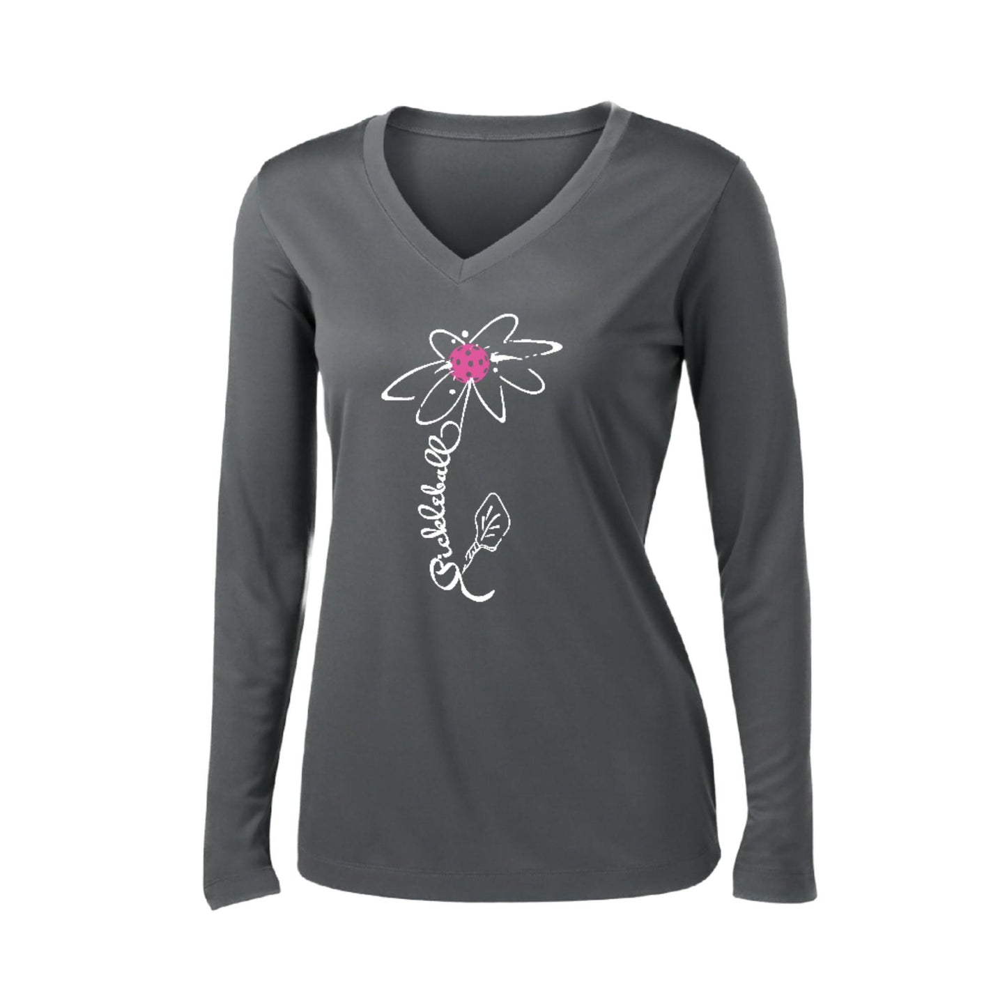 Pickleball Flower (Pink Purple Rainbow) | Women’s Long Sleeve V-Neck Pickleball Performance T-Shirt | 100% Polyester