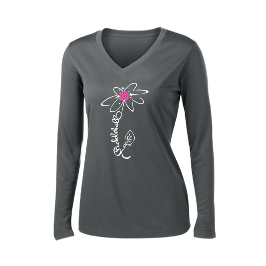 Pickleball Flower (Pink Purple Rainbow) | Women’s Long Sleeve V-Neck Pickleball Performance T-Shirt | 100% Polyester