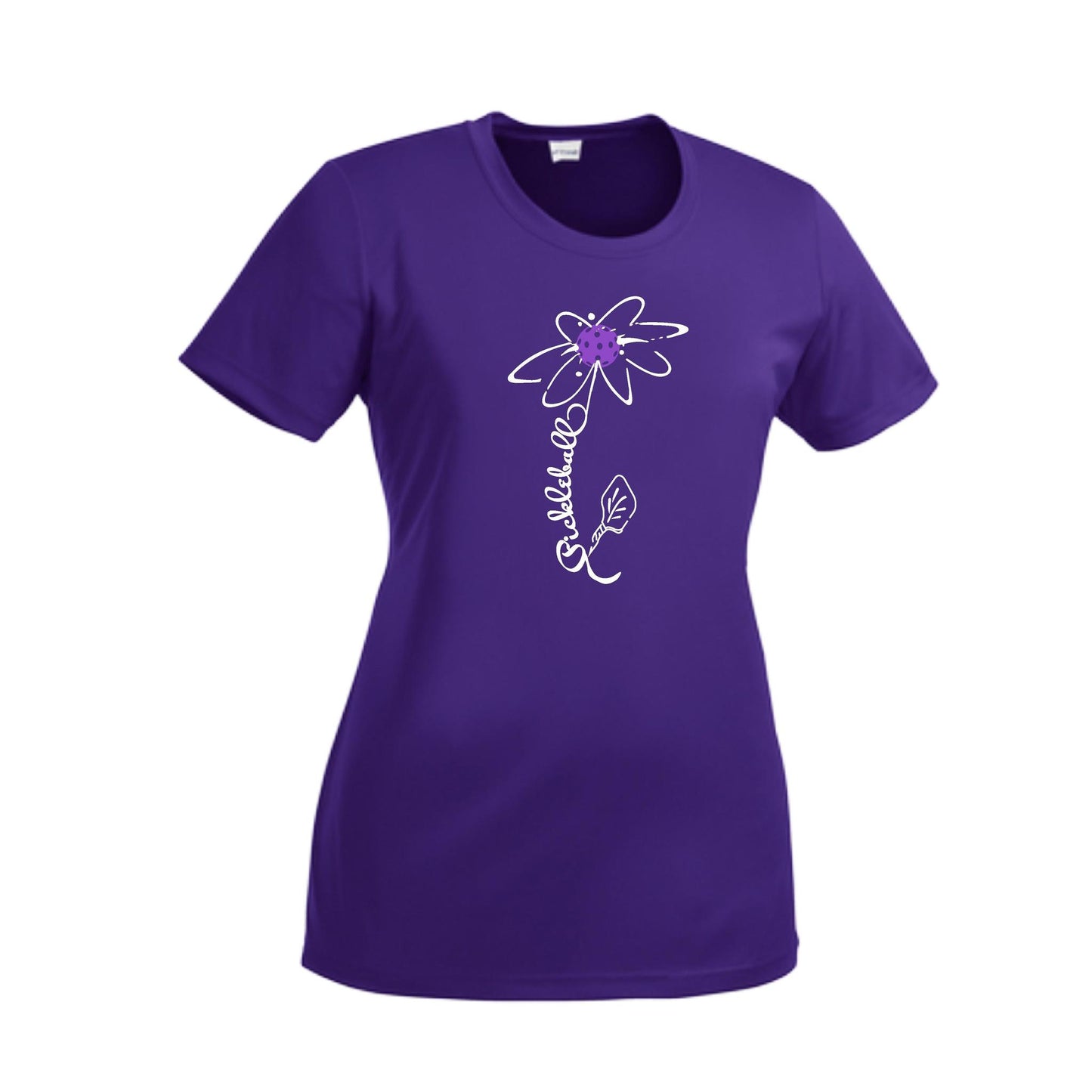Pickleball Flower (Pink Purple Rainbow) | Women’s Short Sleeve Crewneck Pickleball Performance T-Shirts | 100% Polyester