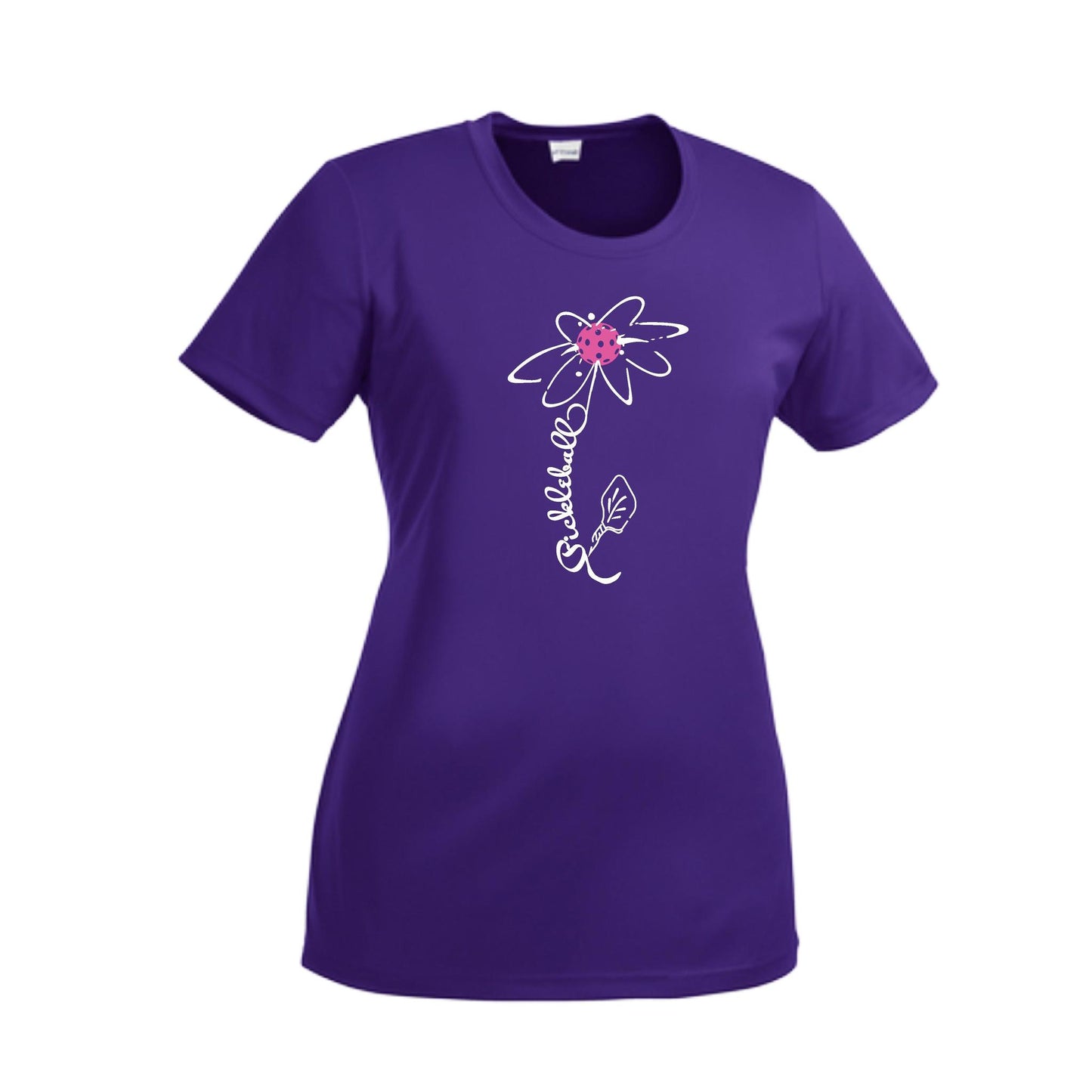 Pickleball Flower (Pink Purple Rainbow) | Women’s Short Sleeve Crewneck Pickleball Performance T-Shirts | 100% Polyester