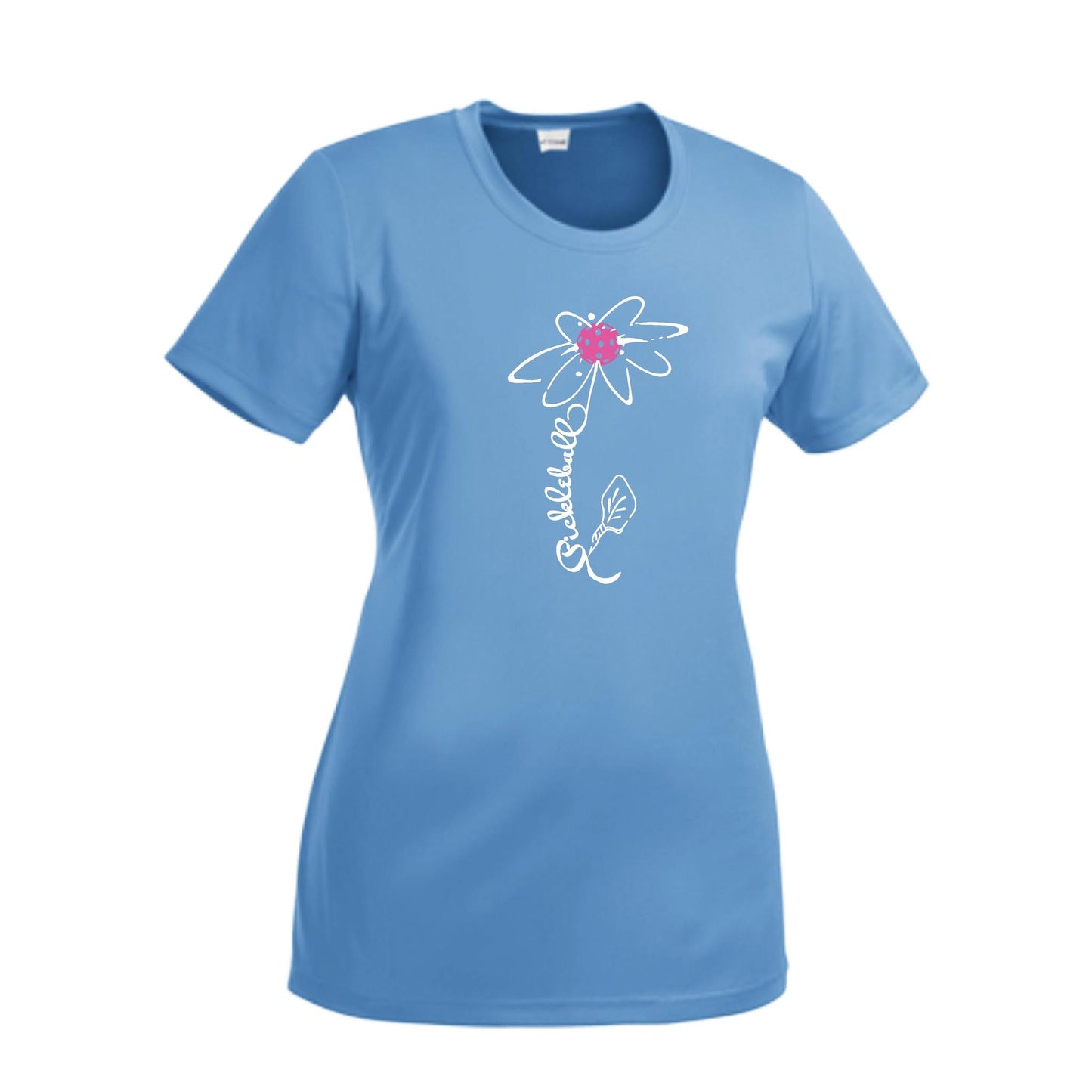 Pickleball Flower (Pink Purple Rainbow) | Women’s Short Sleeve Crewneck Pickleball Performance T-Shirts | 100% Polyester