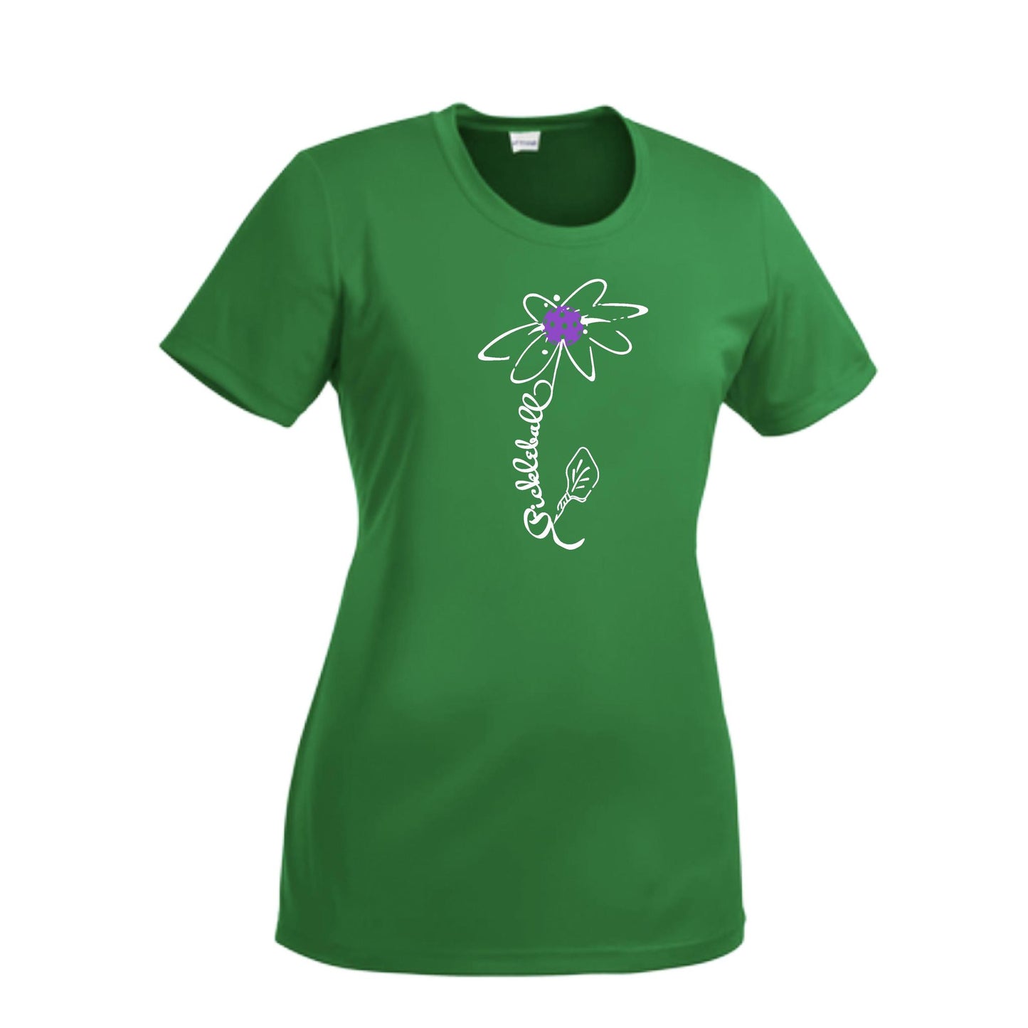 Pickleball Flower (Pink Purple Rainbow) | Women’s Short Sleeve Crewneck Pickleball Performance T-Shirts | 100% Polyester