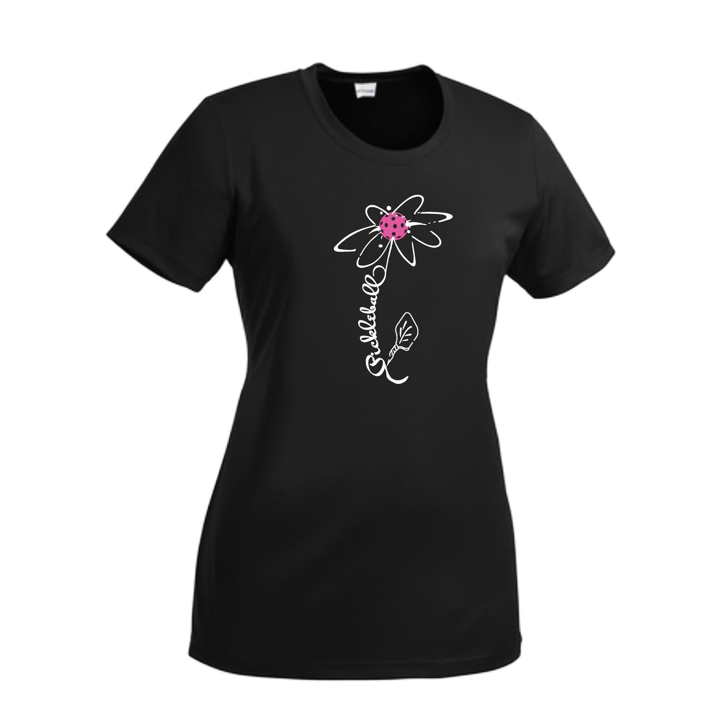 Pickleball Flower (Pink Purple Rainbow) | Women’s Short Sleeve Crewneck Pickleball Performance T-Shirts | 100% Polyester
