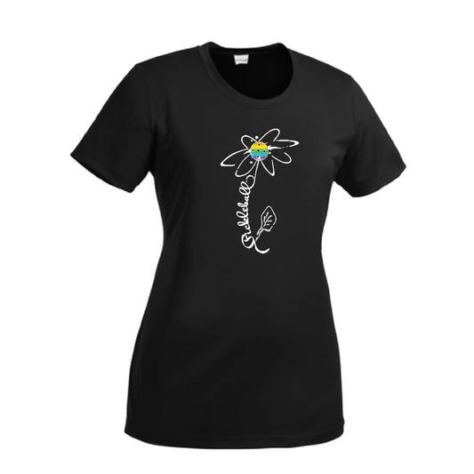 Pickleball Flower (Pink Purple Rainbow) | Women’s Short Sleeve Crewneck Pickleball Performance T-Shirts | 100% Polyester