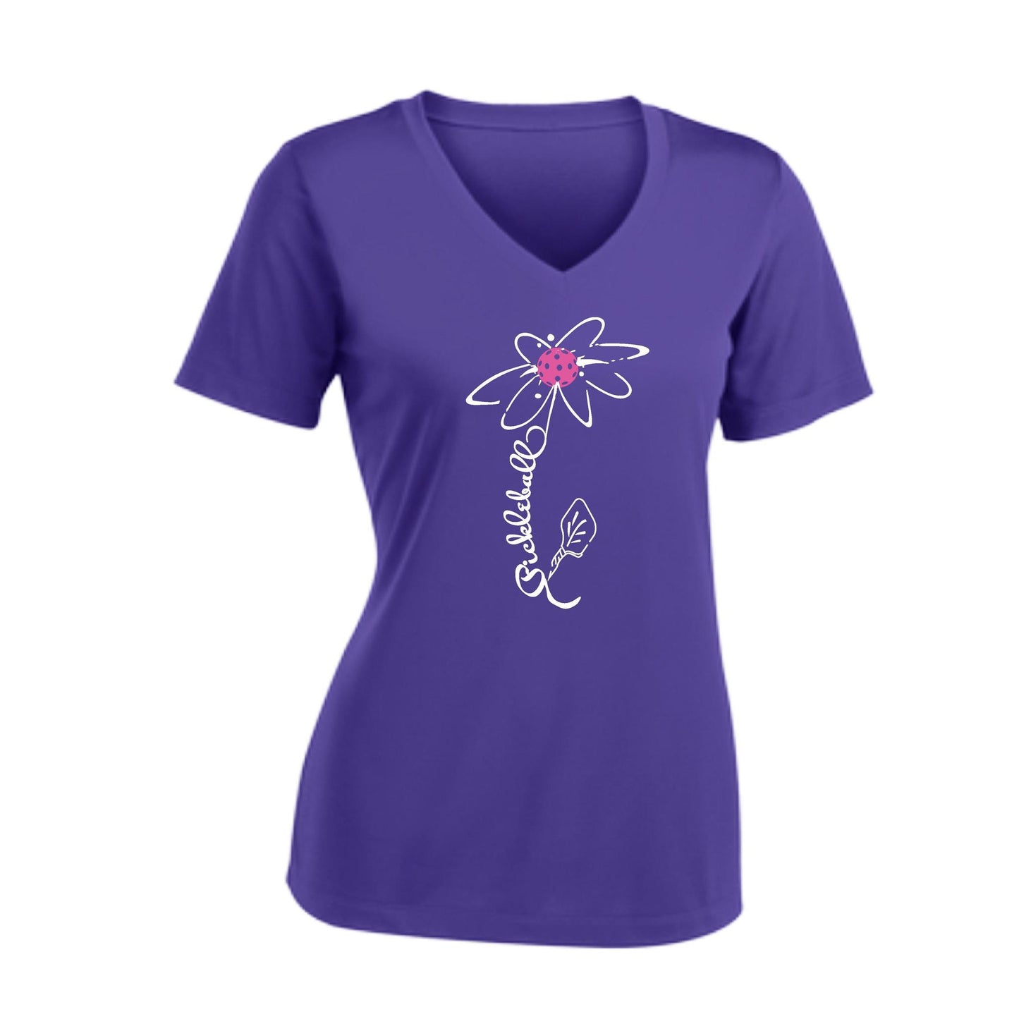 Pickleball Flower (Pink Purple Rainbow) | Women's Short Sleeve V-Neck Pickleball Performance T-Shirts | 100% Polyester