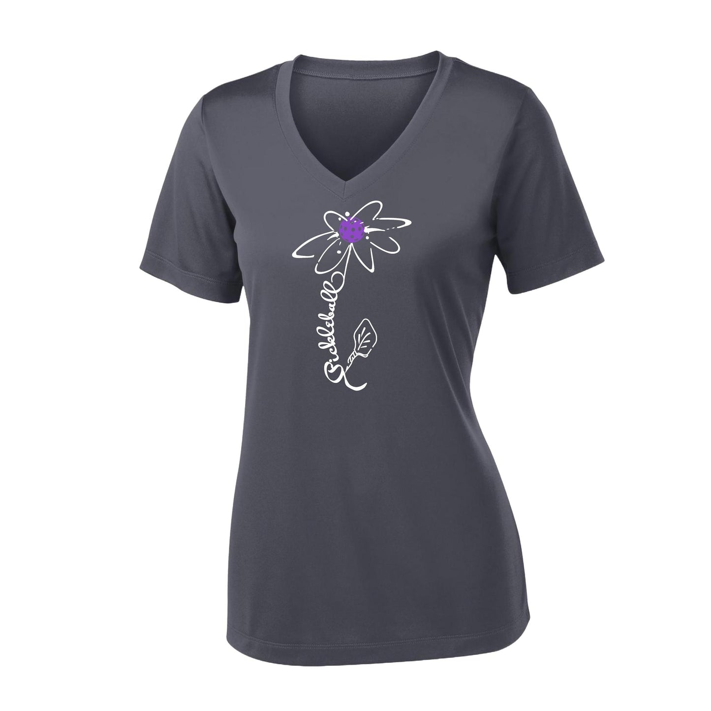 Pickleball Flower (Pink Purple Rainbow) | Women's Short Sleeve V-Neck Pickleball Performance T-Shirts | 100% Polyester