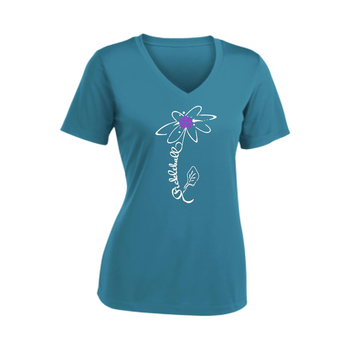 Pickleball Flower (Pink Purple Rainbow) | Women's Short Sleeve V-Neck Pickleball Performance T-Shirts | 100% Polyester