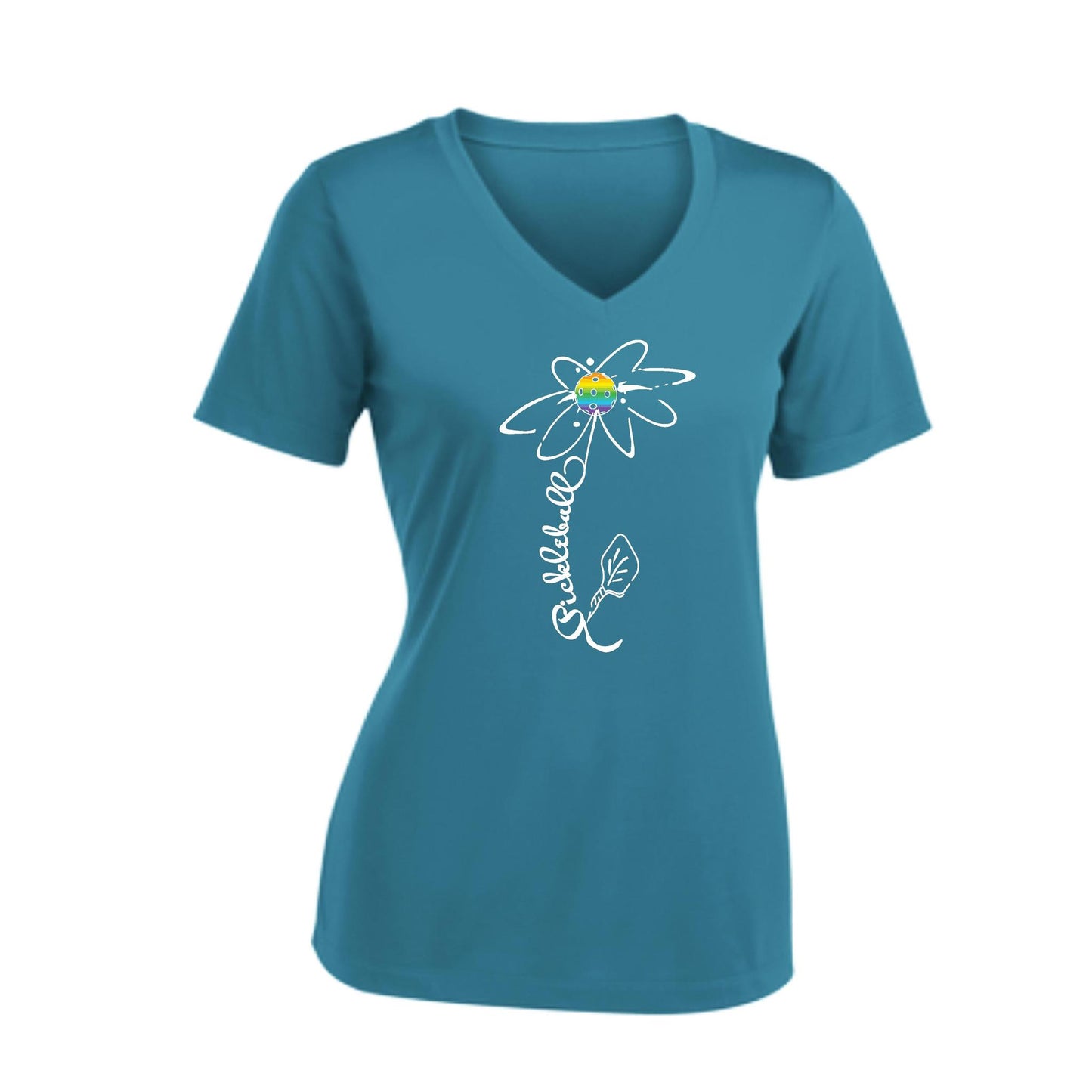 Pickleball Flower (Pink Purple Rainbow) | Women's Short Sleeve V-Neck Pickleball Performance T-Shirts | 100% Polyester