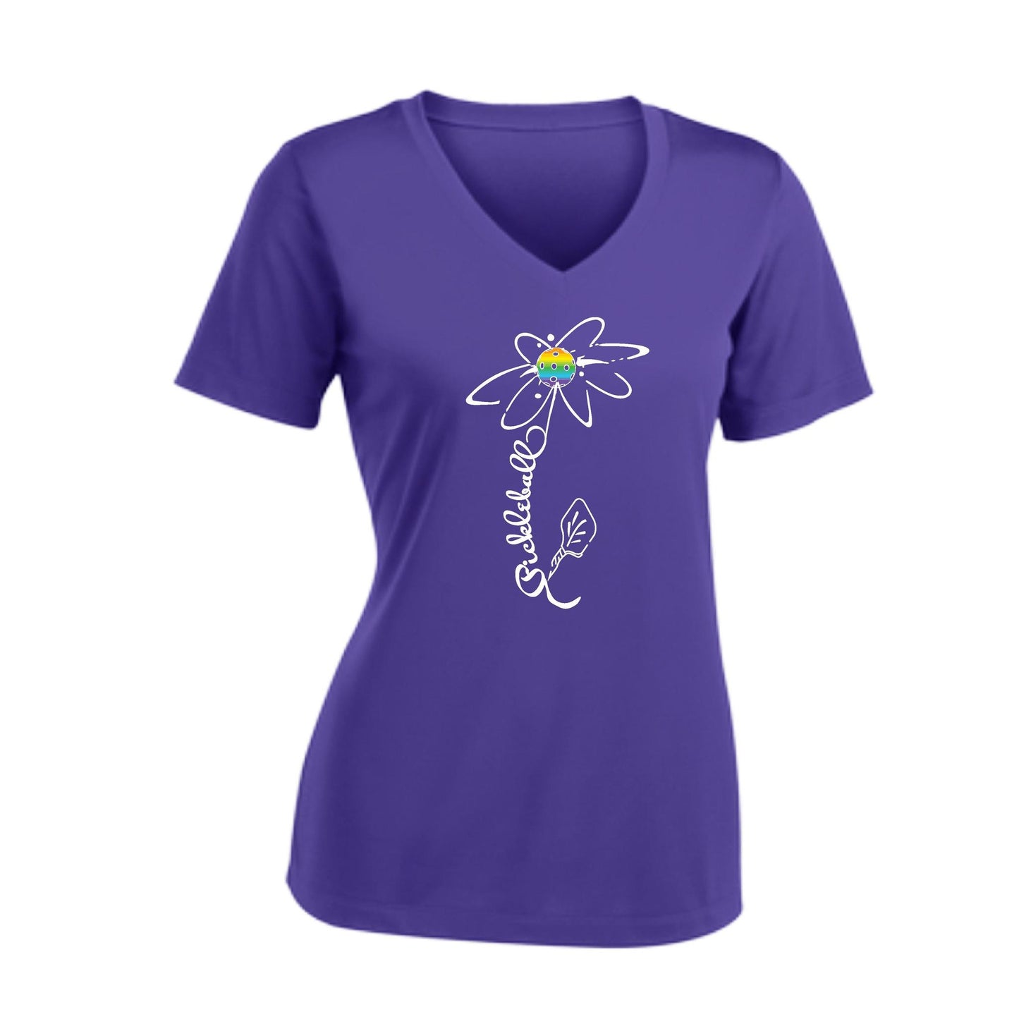 Pickleball Flower (Pink Purple Rainbow) | Women's Short Sleeve V-Neck Pickleball Performance T-Shirts | 100% Polyester